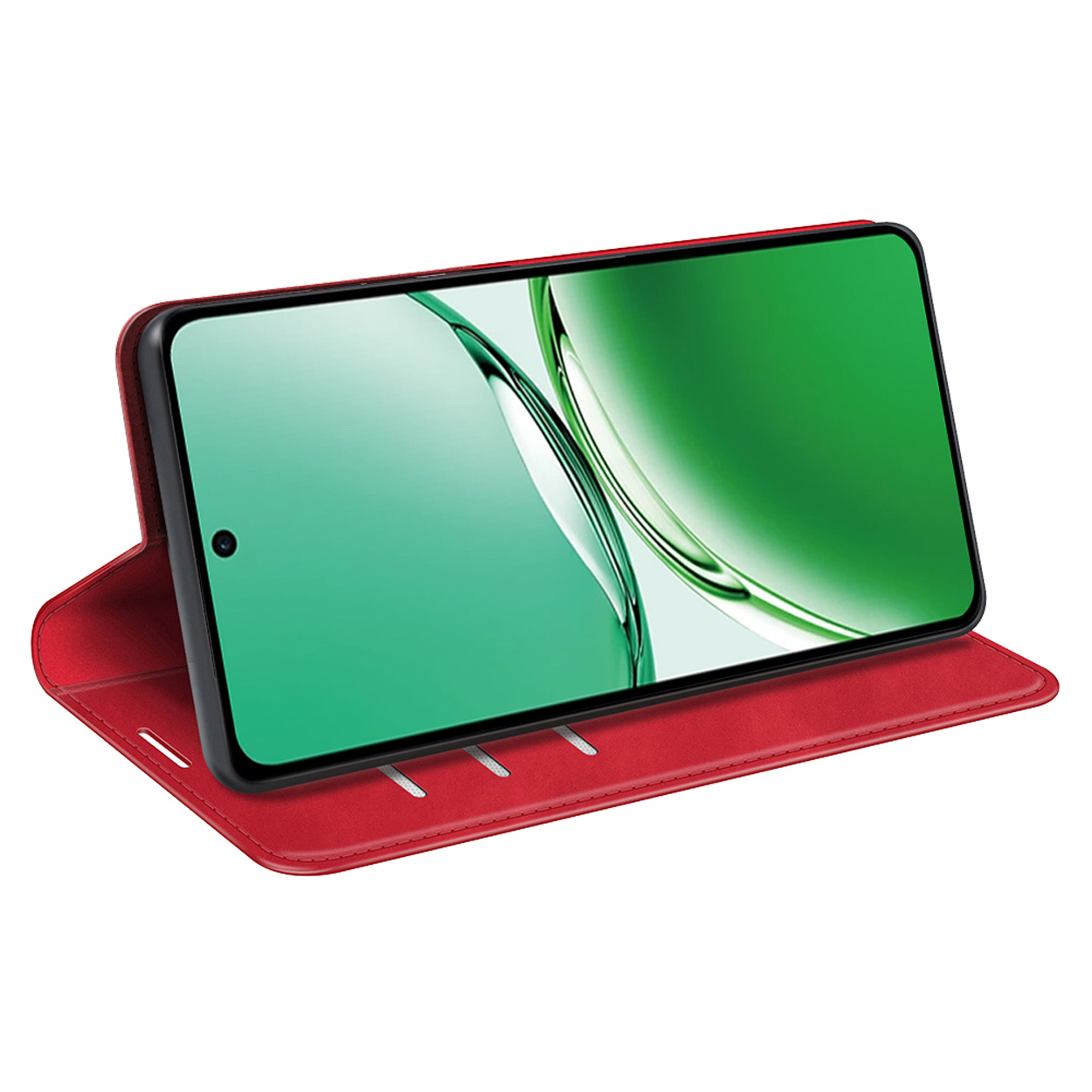 Étui de téléphone rouge avec un téléphone à l'intérieur. Écran vert affiche une image verte. L'étui est relevé.
