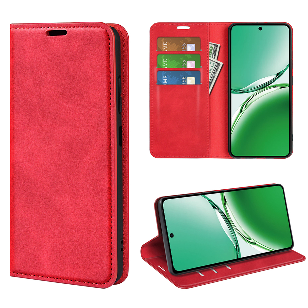 Étui de téléphone rouge avec téléphone, cartes et argent. Le téléphone affiche un dégradé vert.