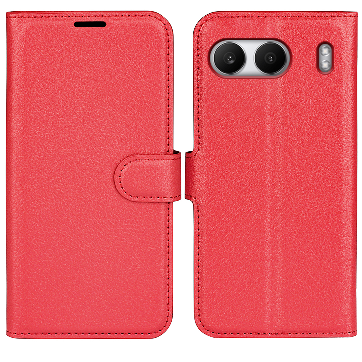 Étui de téléphone rouge avec un téléphone à l'intérieur. L'étui est fermé. Le téléphone a deux caméras.