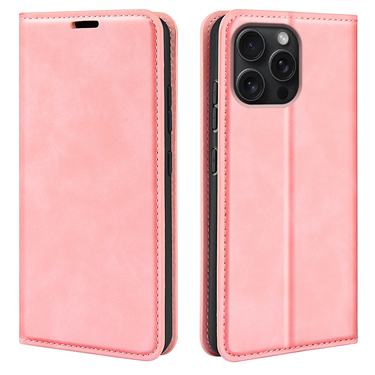 Roze telefoonhoes gesloten en open. De open hoes toont de achterkant van een telefoon met camera's.