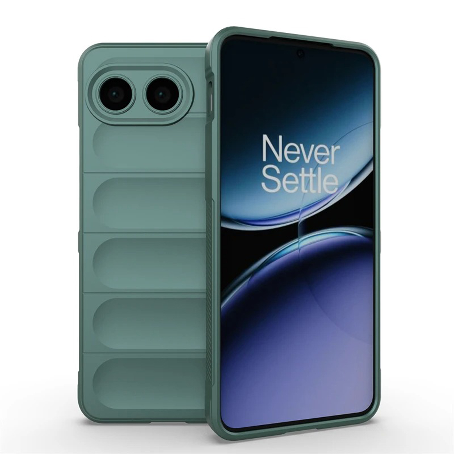 Groen telefoonhoesje met telefoon, achterkant zichtbaar.