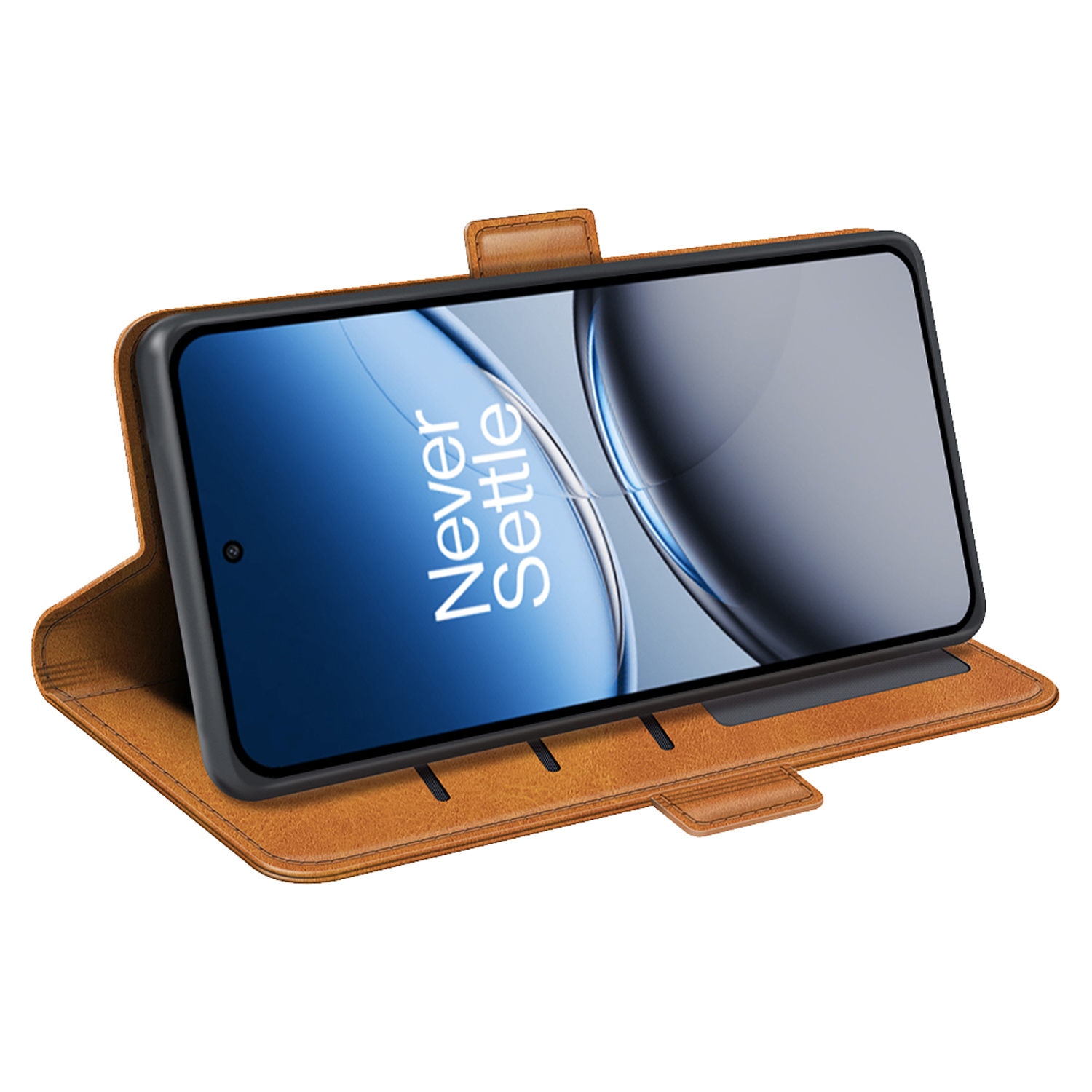 Bruine telefoonhoes open met telefoon. De telefoon geeft tekst weer en heeft een standaard. De hoes is van leer.
