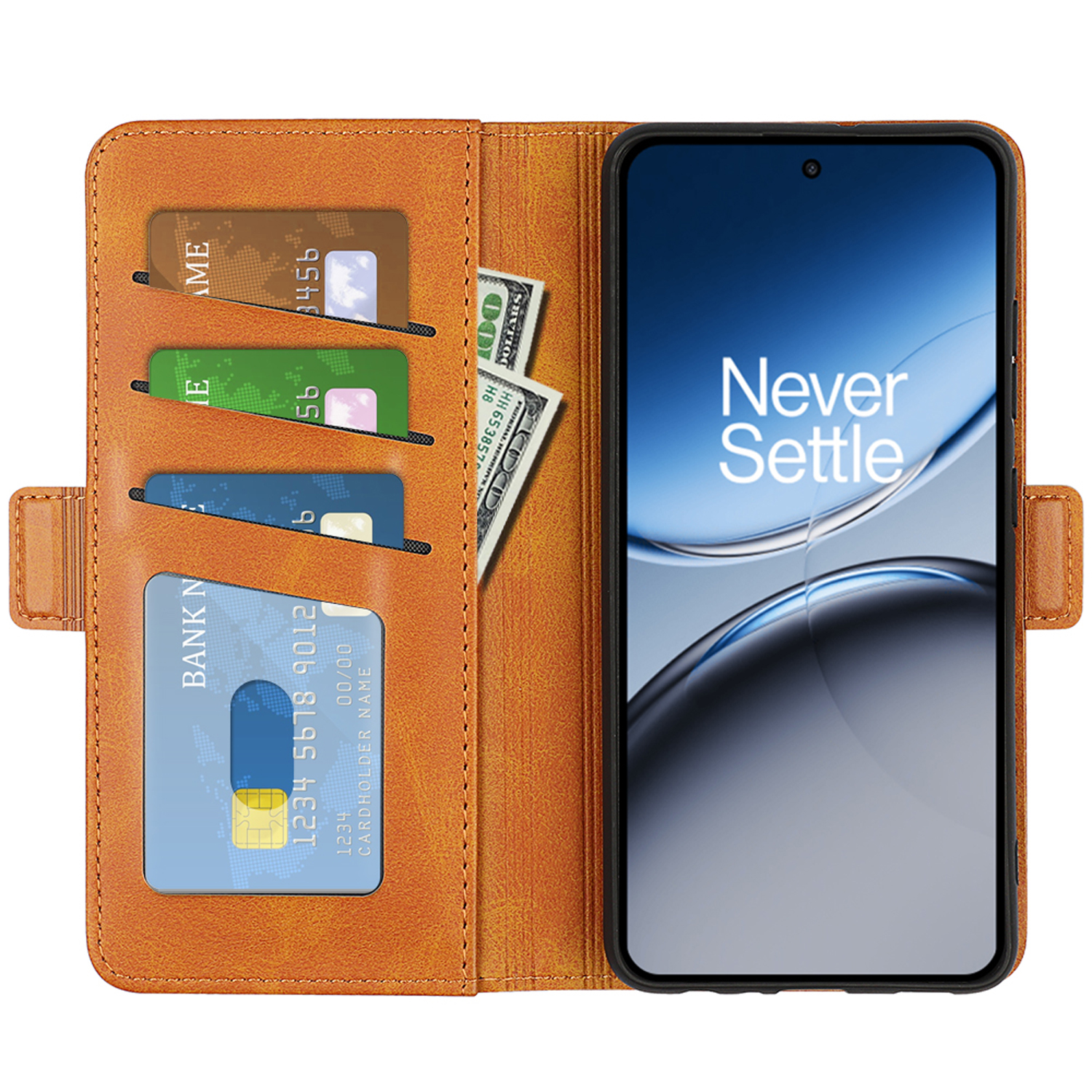 Open telefoonhoes met kaarten, geld en telefoon. Telefoon zegt 'Never Settle'.