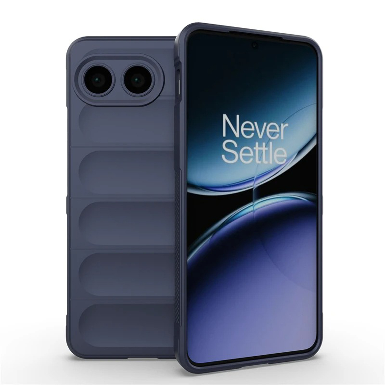 Coque de téléphone bleue avec design rainuré. Téléphone visible, avec 'Never Settle' à l'écran.