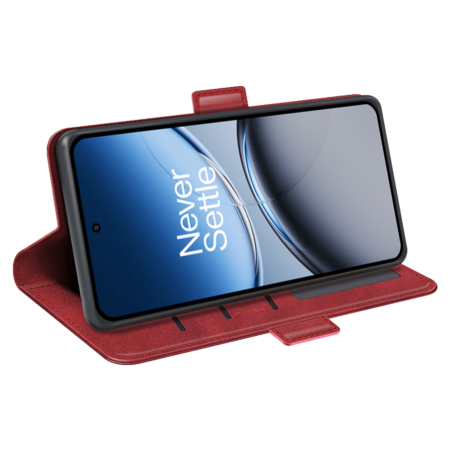 Rode telefoonhoes open met telefoon in stand. Toont telefoon met Never Settle logo op scherm.