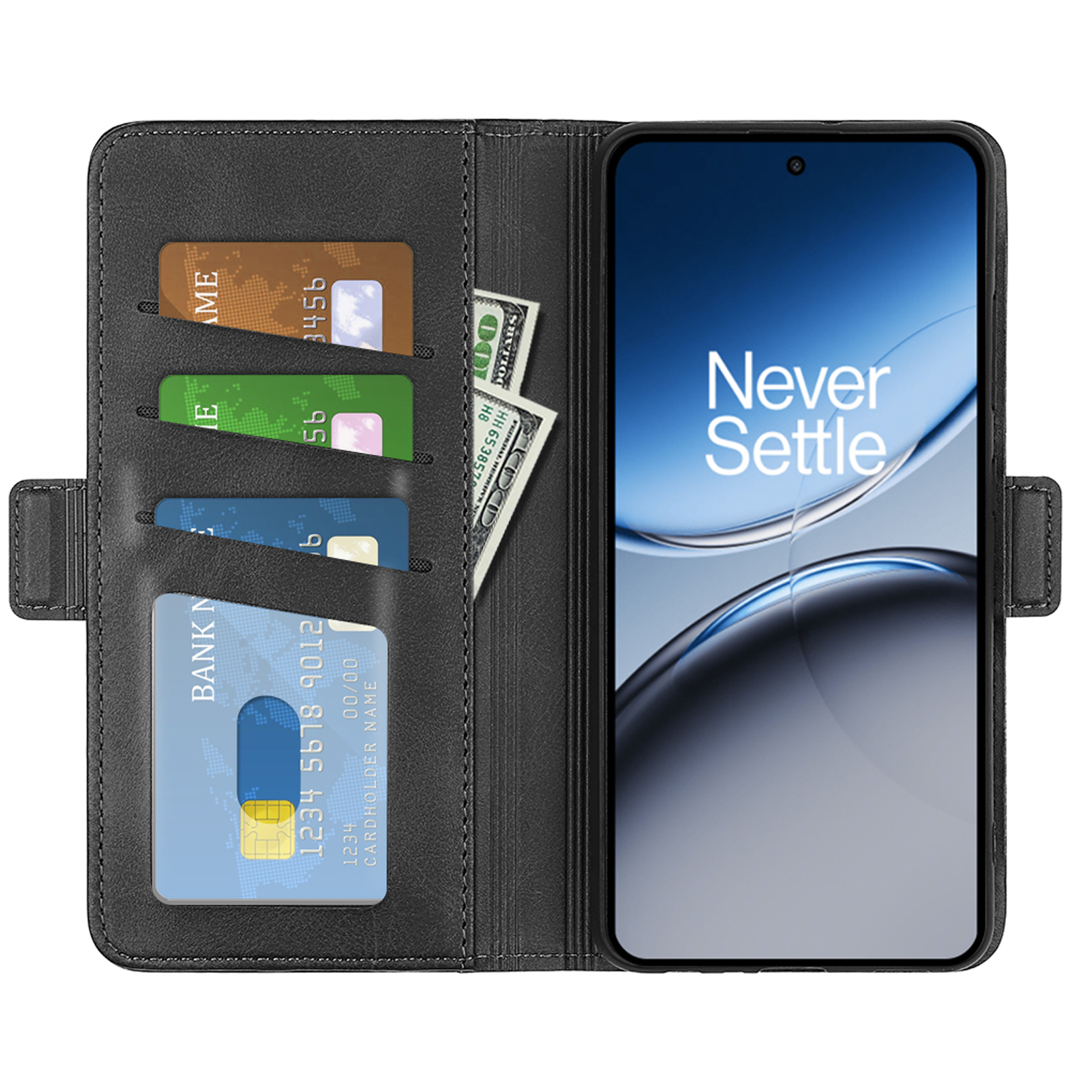 Open telefoonhoes met kaarten, geld en telefoon. Telefoon zegt 'Never Settle'.