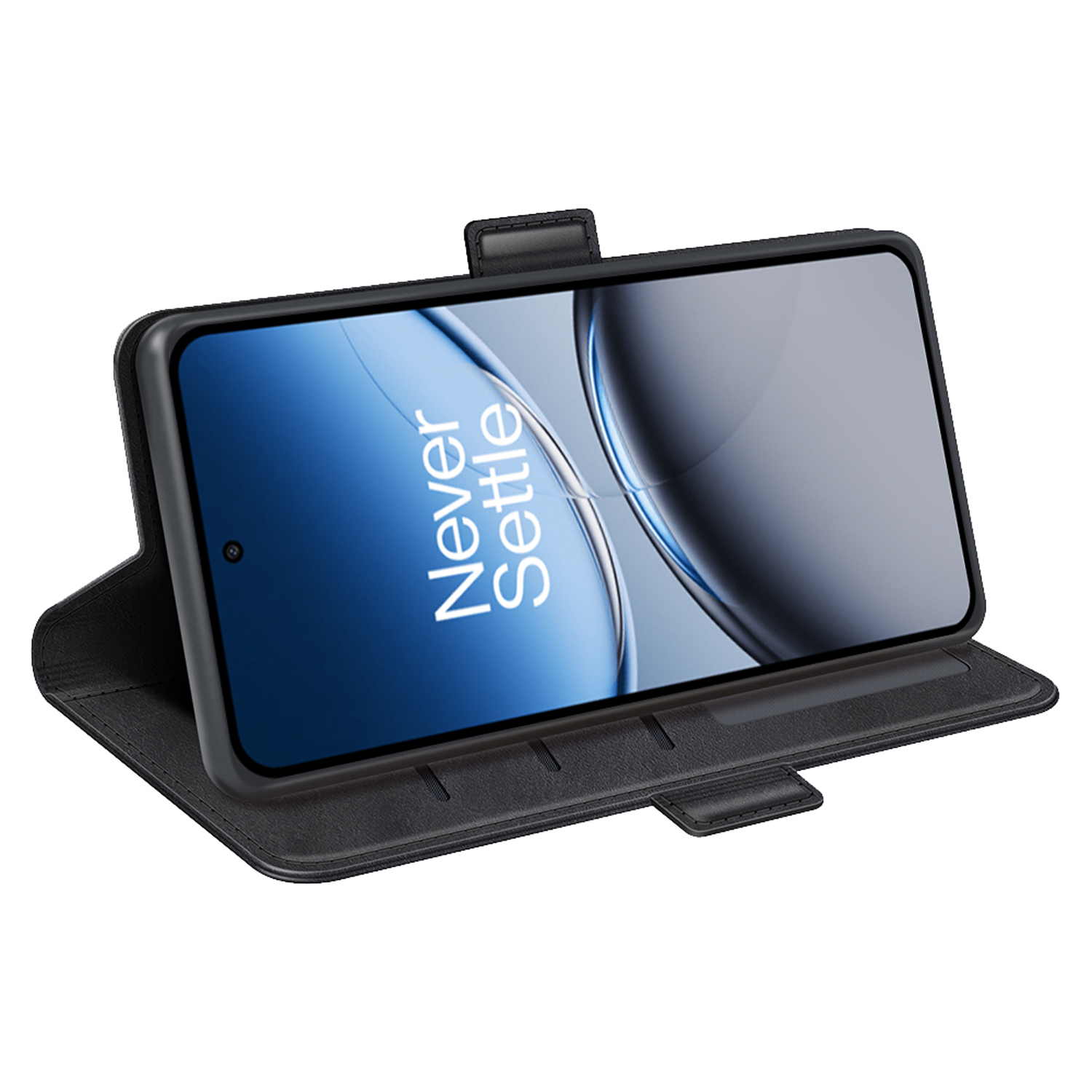 Zwarte telefoon in een zwarte hoes. Het scherm zegt 'Never Settle'. De hoes is open.