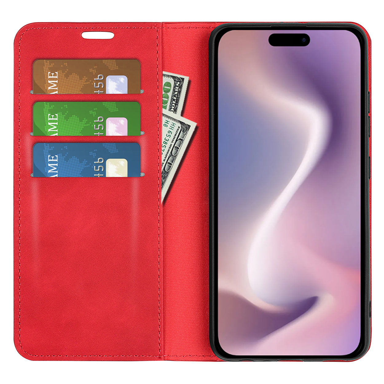 Rode telefoonhoes open met een telefoon, kaarten en geld. De telefoon heeft een display.