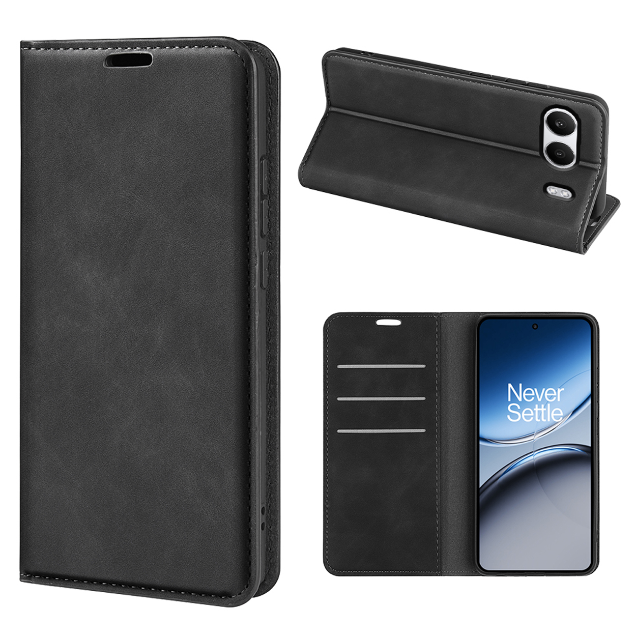 Zwarte telefoonhoes met een flip cover. De cover is open en onthult het telefoonscherm met "Never Settle".