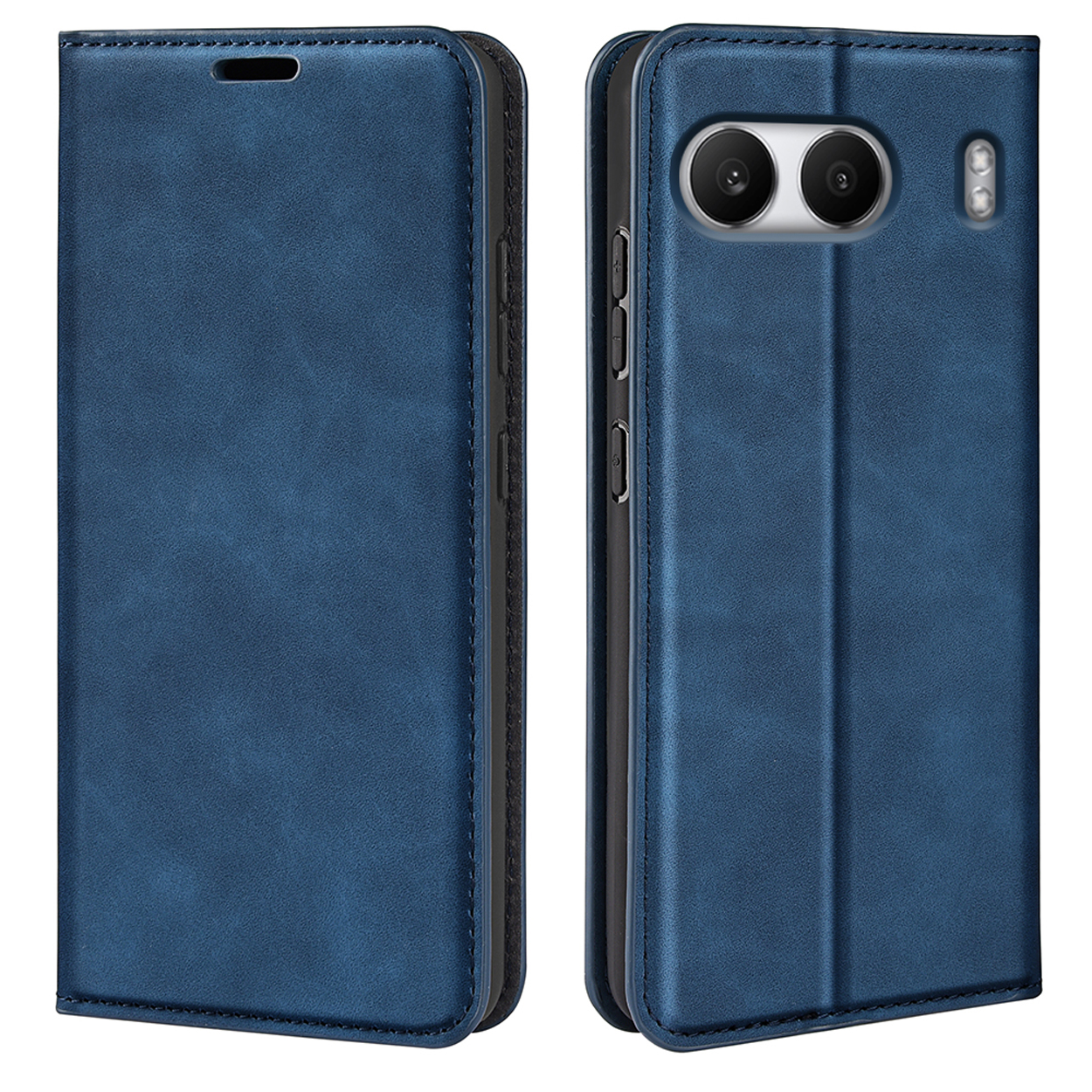 Blauwe telefoonhoes. Telefoon erin. Open en dicht, met camera-uitsparingen.