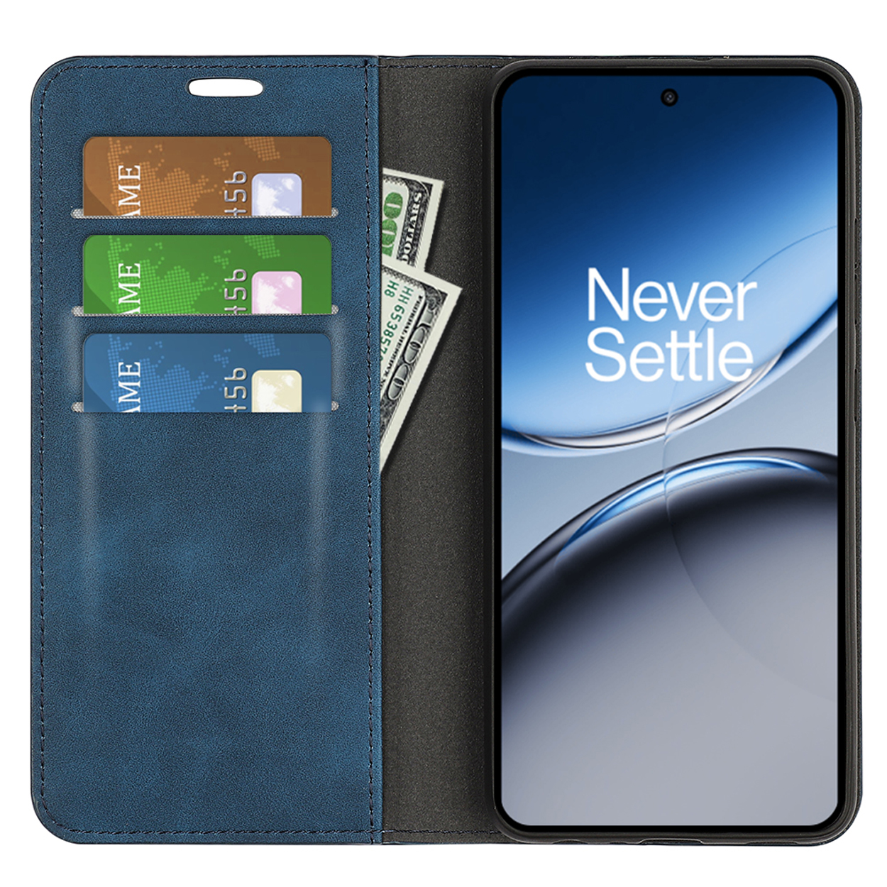 Blauwe telefoonhoes open met een telefoon, kaarten en geld. De telefoon heeft een display.