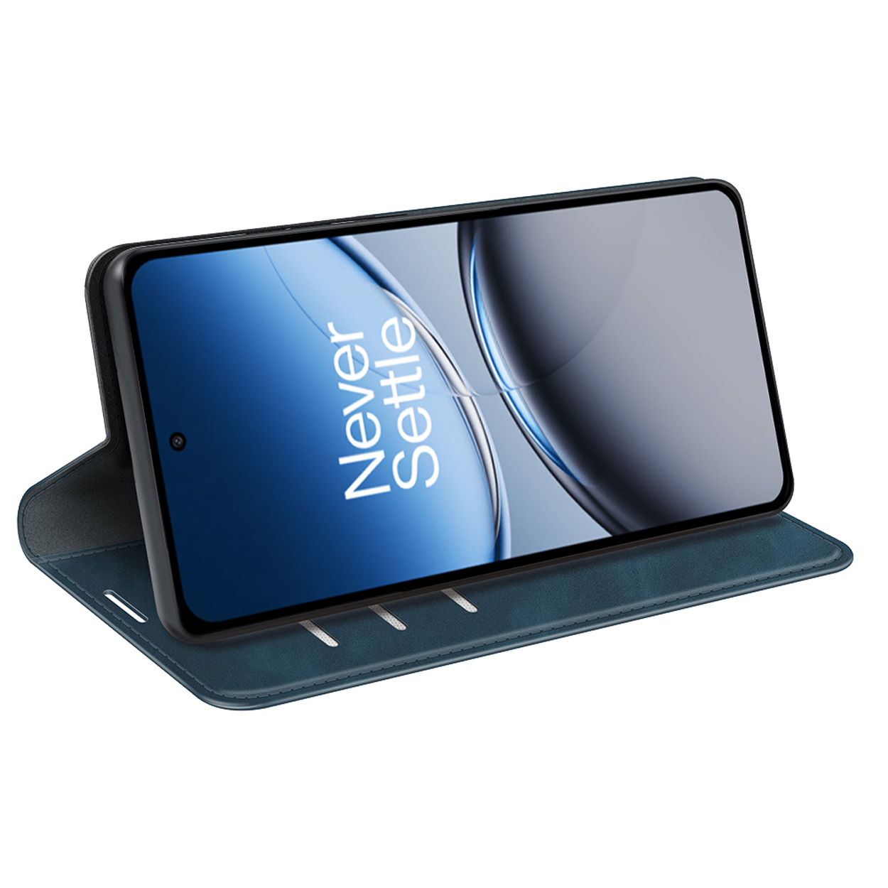 Blauwe leren telefoonhoes open, scherm zichtbaar, met de tekst 'Never Settle'.