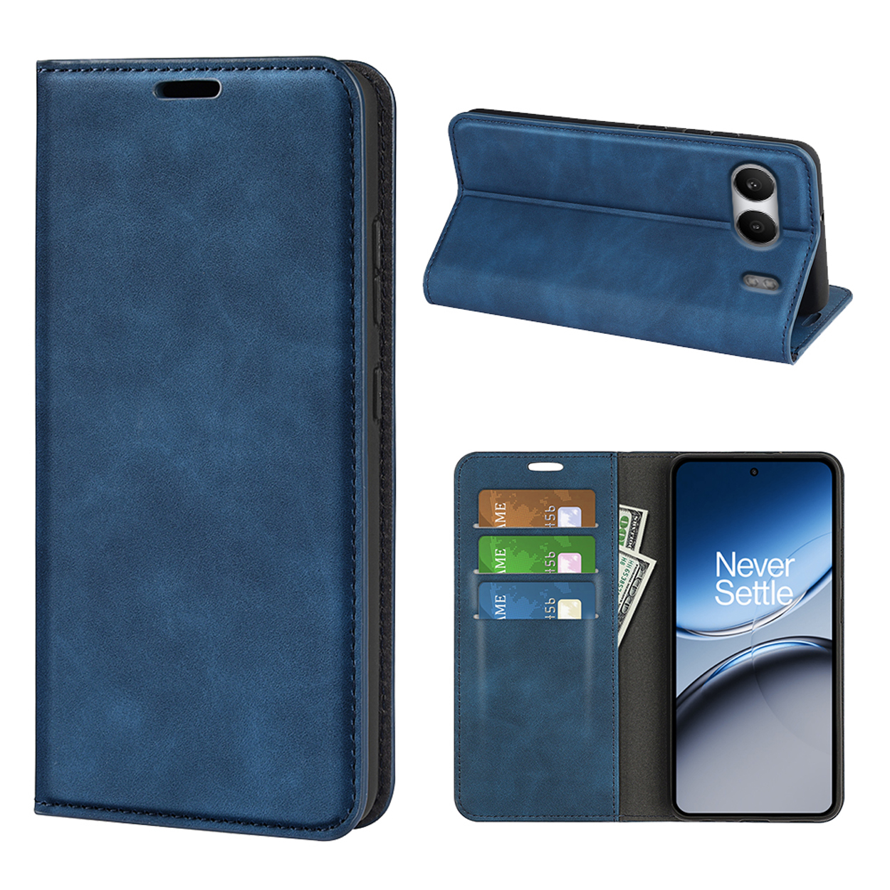 Blauwe telefoonhoes, open met kaarten, contant geld en een smartphone, en gesloten. De telefoon toont 'Never Settle'.