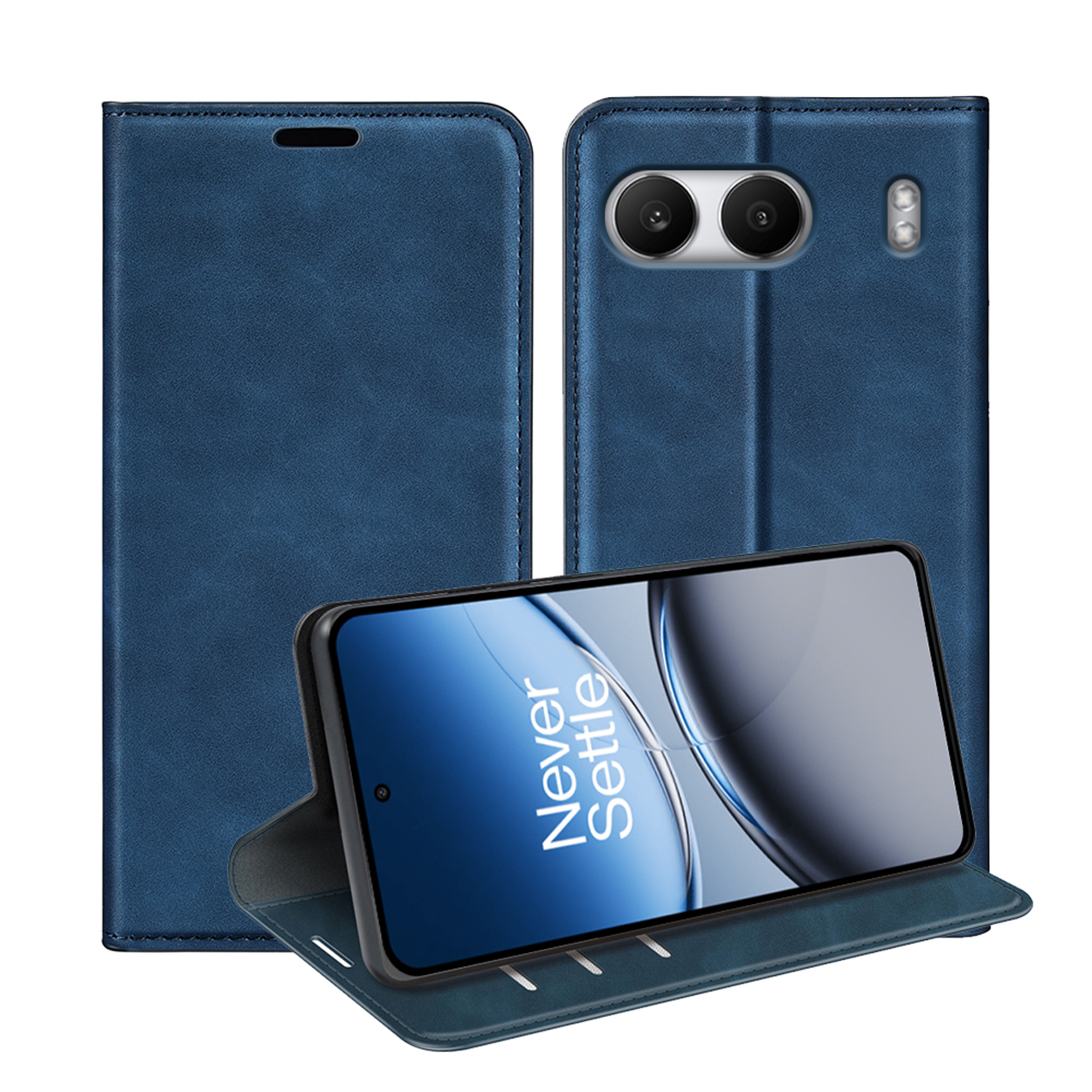 Blauwe telefoonhoes met telefoon erin. De telefoon toont 'Never Settle'. Twee extra hoesweergaven.