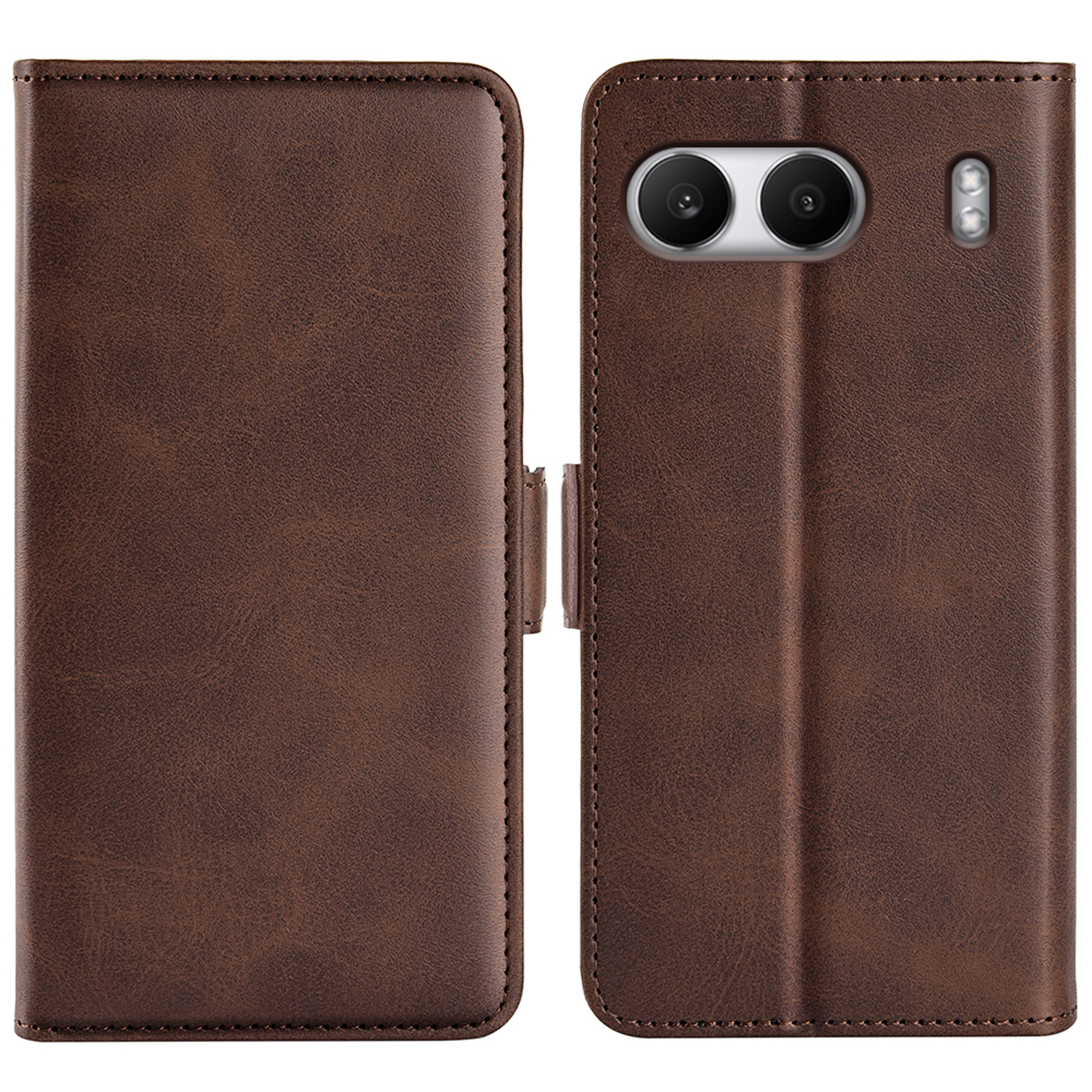 Bruine leren telefoonhoes, open, met binnenkant voor de telefoon met stiksels en magnetische sluiting.