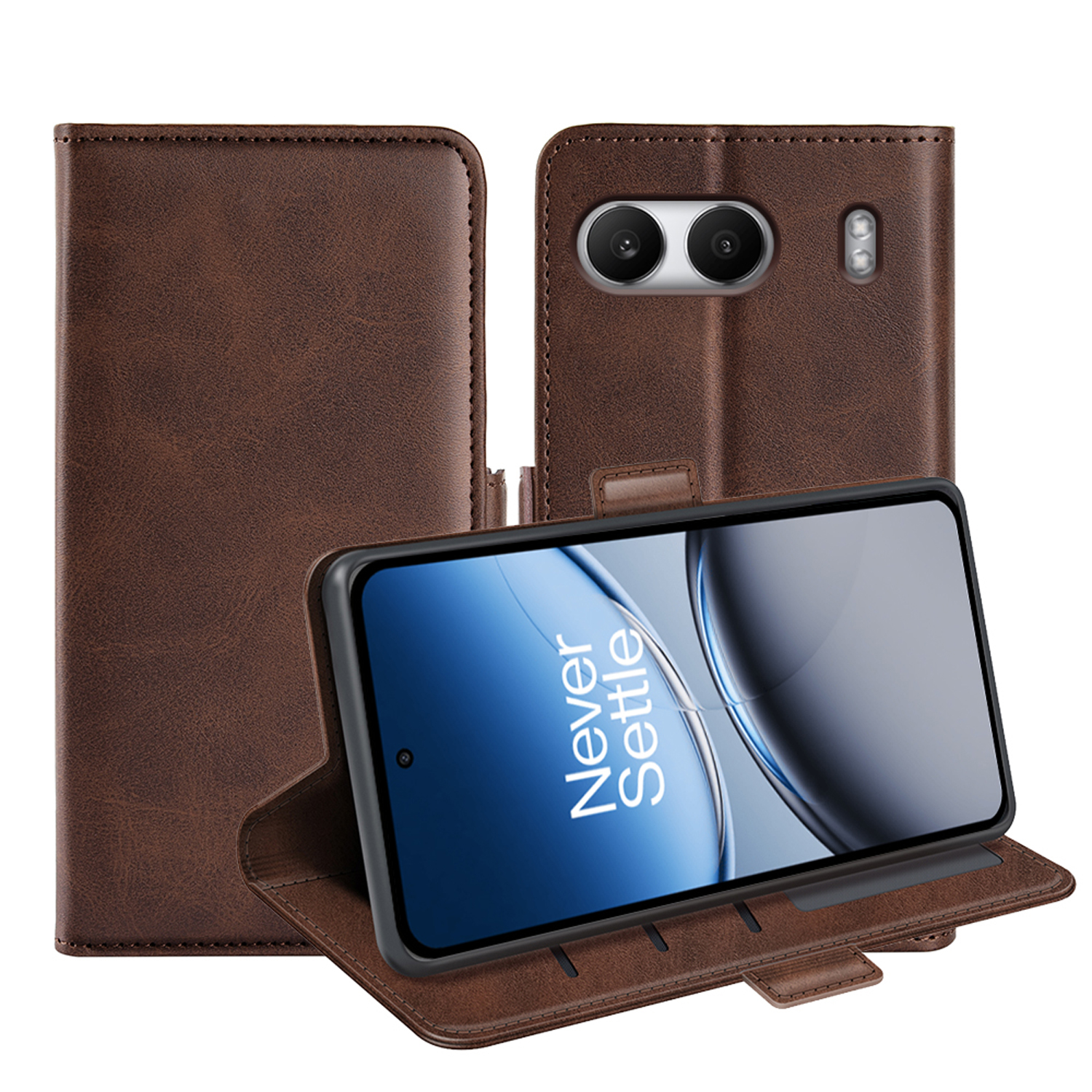Een bruine telefoonhoes met een telefoon erin. Het scherm van de telefoon toont "Never Settle".