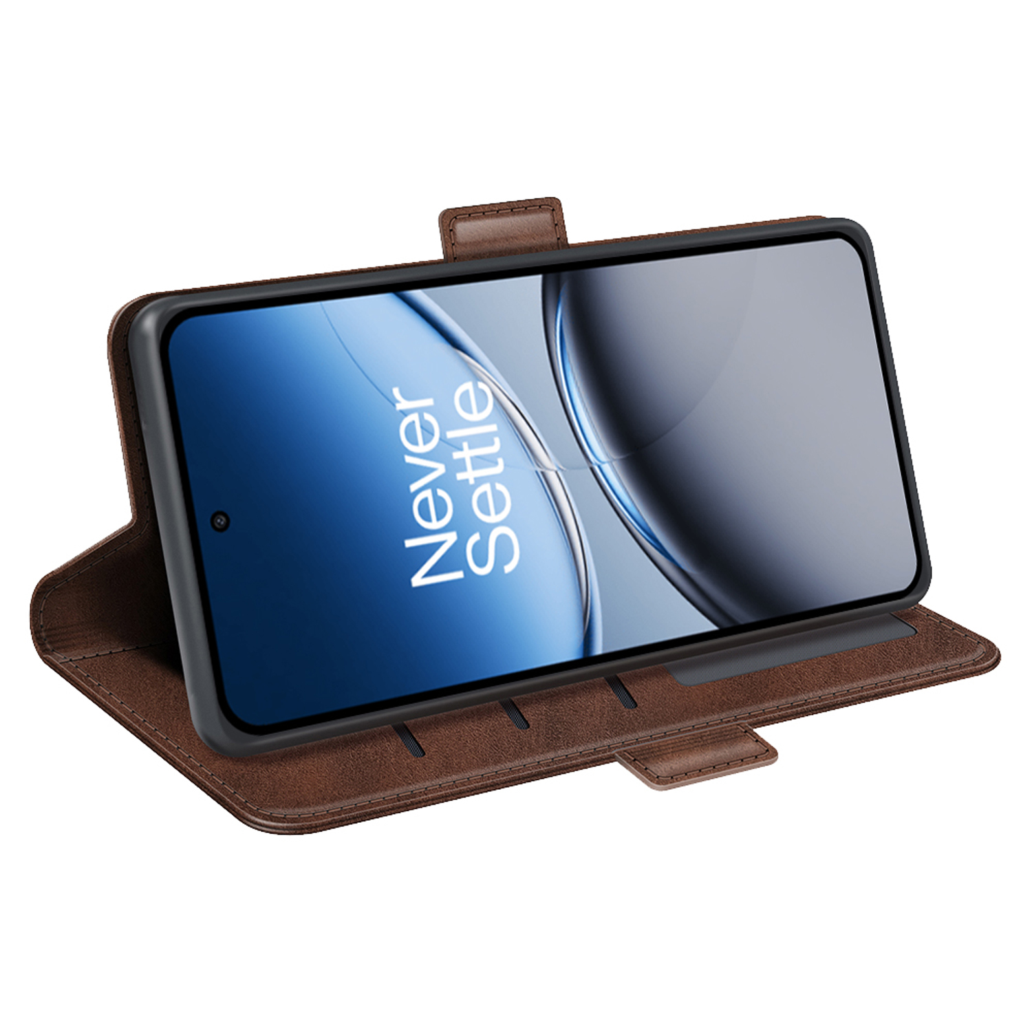 Bruine telefoonhoes met een telefoon erin. Het scherm toont het Never Settle-logo. Omhooggezet.