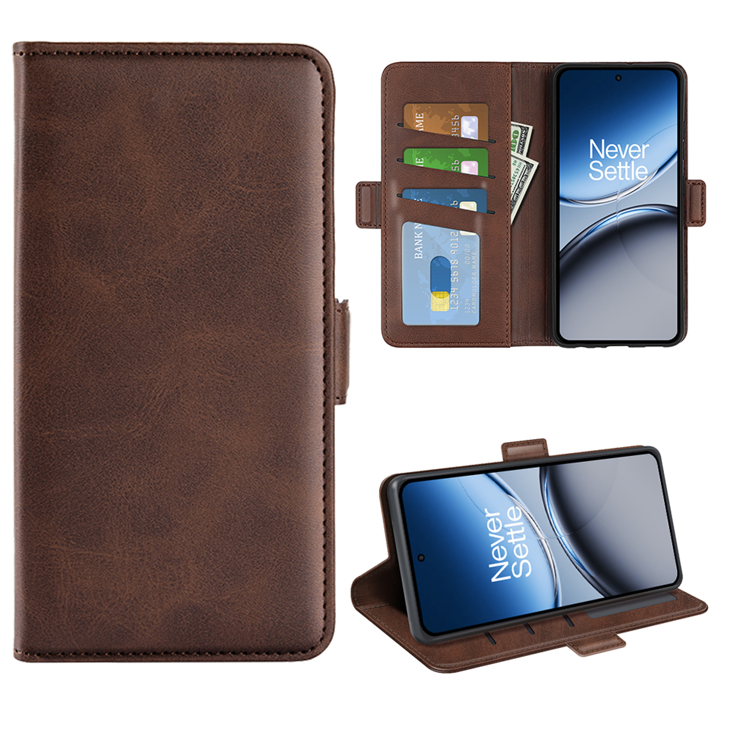 Bruine telefoonhoes open met kaarten, geld en een telefoon met "Never Settle".