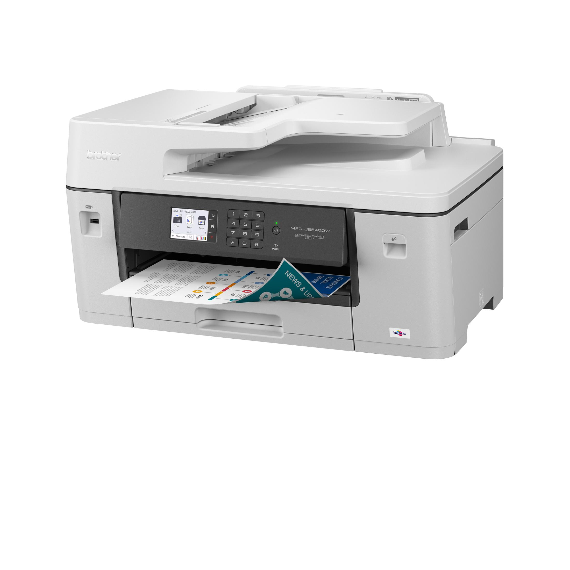 Biało-szara drukarka z wychodzącym papierem i przyciskami z przodu.