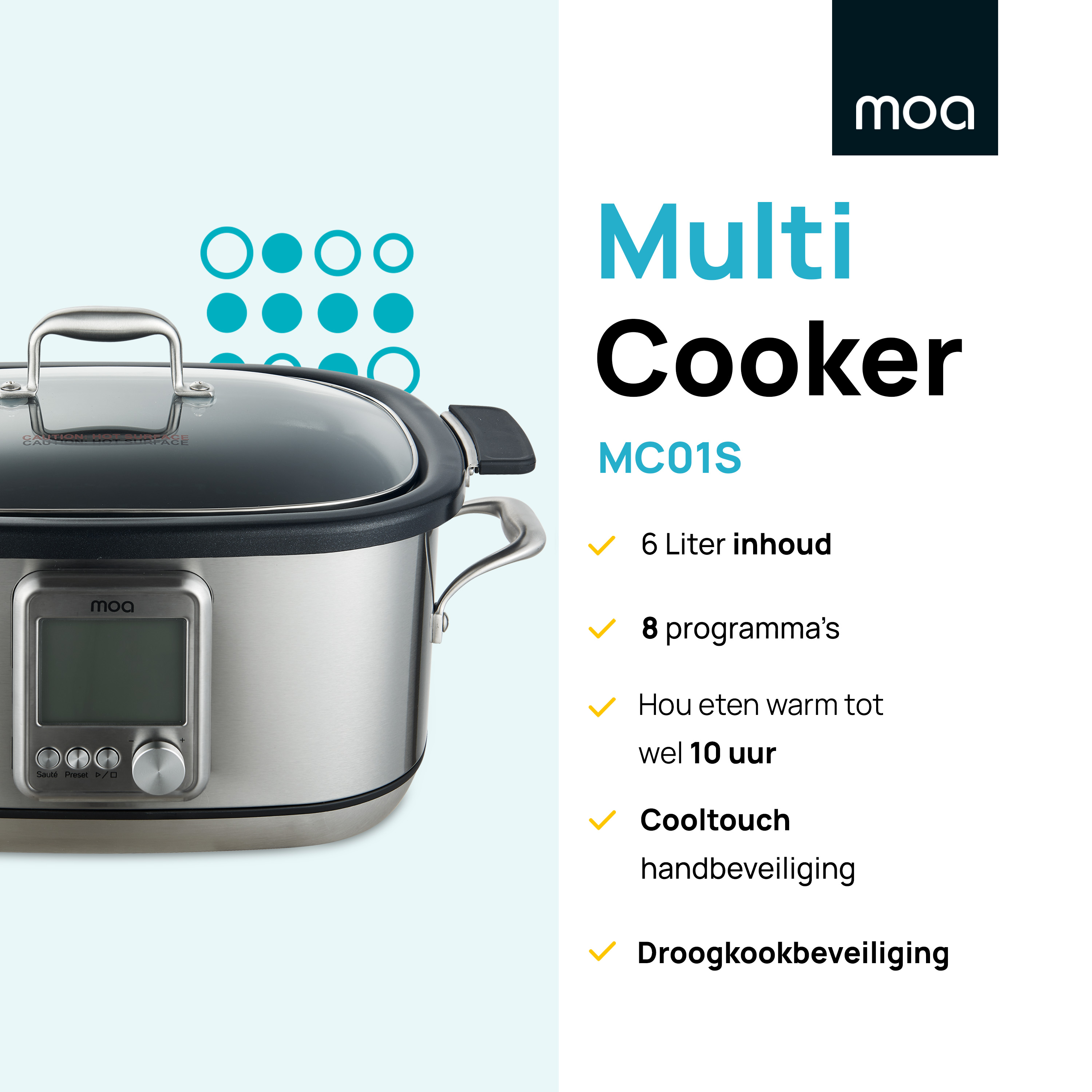 Multi-cooker with text explaining its features: 6L, 8 programs, keep warm, Cooltouch, and dry-cook protection.