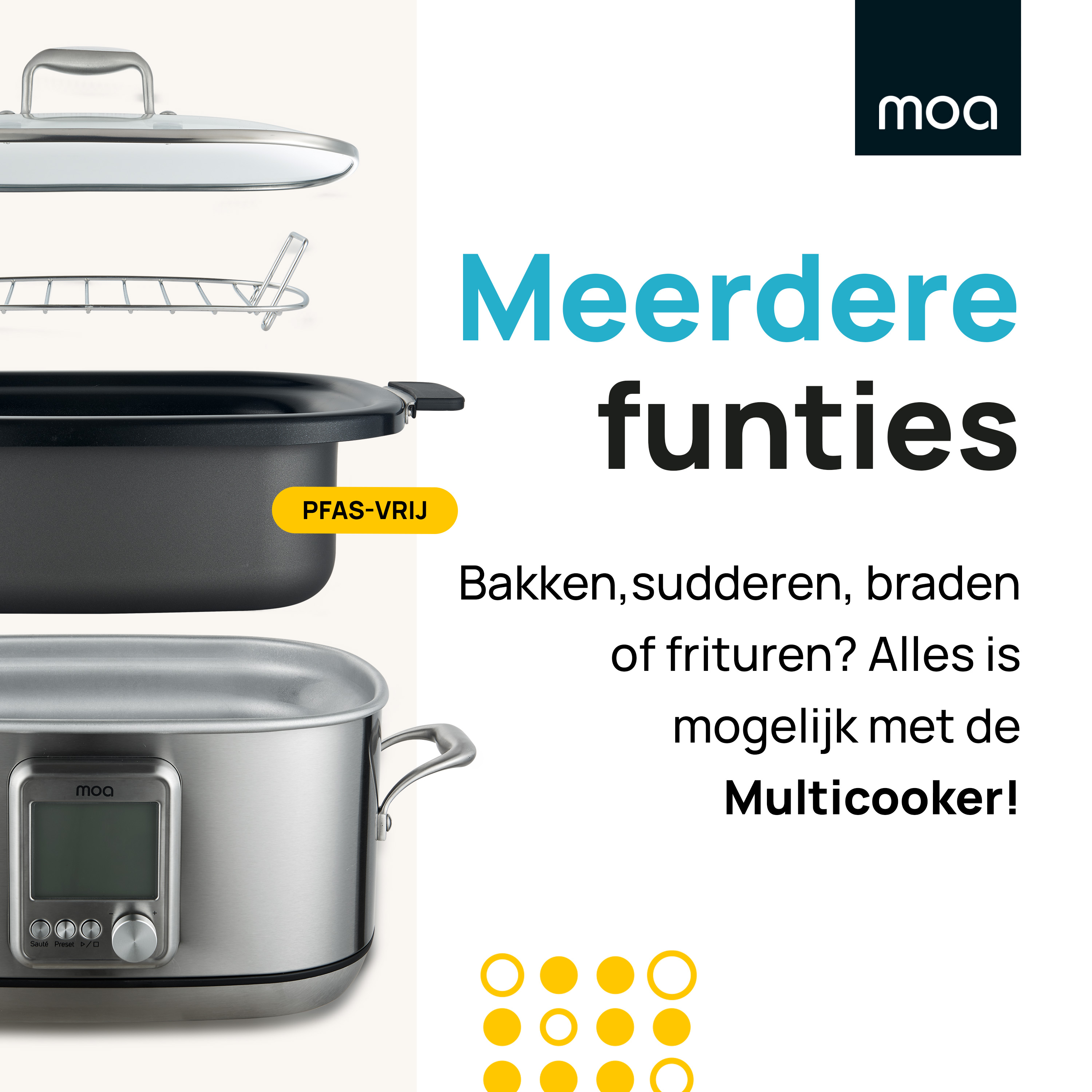 A multicooker with text in Dutch: "More functions". Several cooking utensils are visible.
