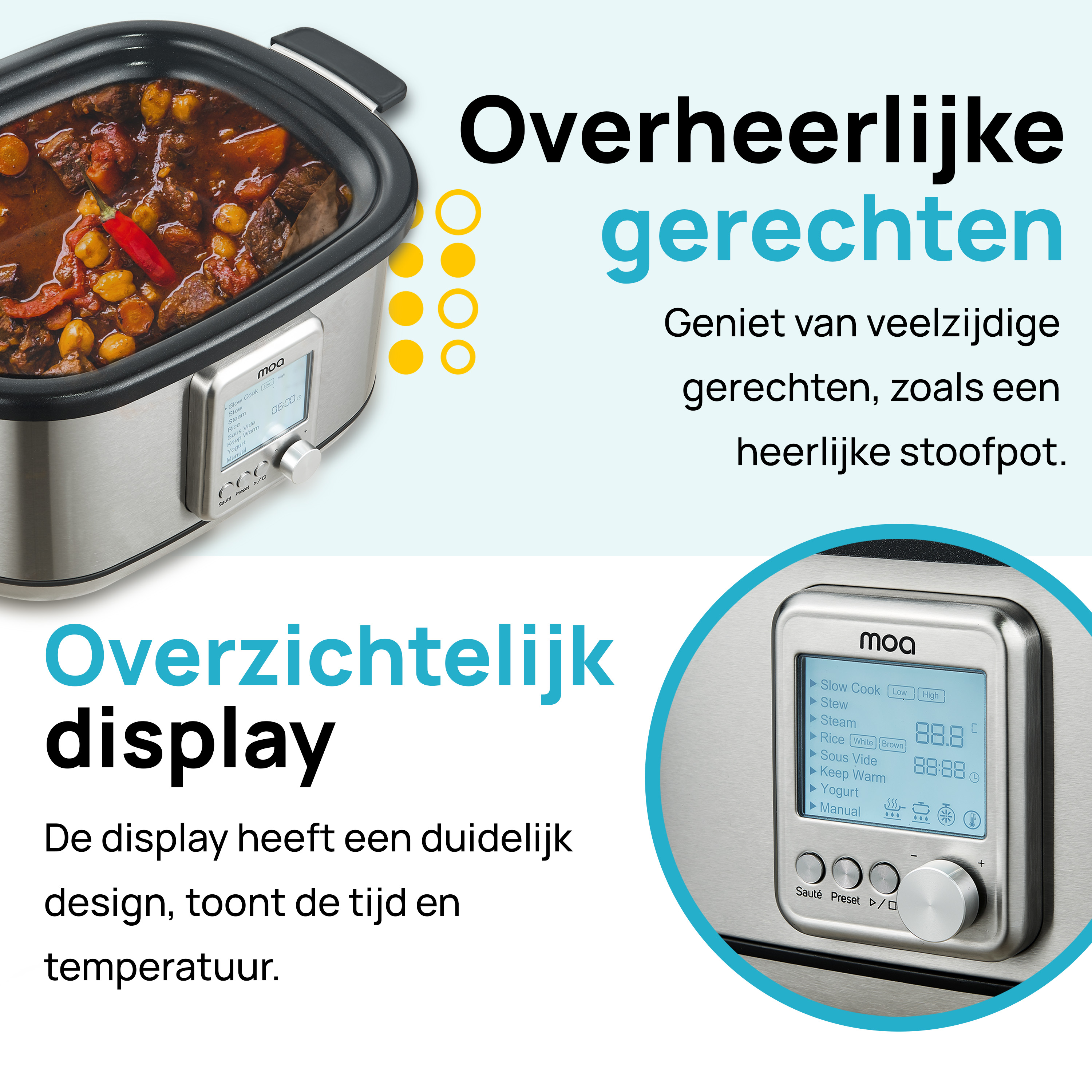 A slow cooker with text describing it as a device for making delicious dishes. Shows a display panel.