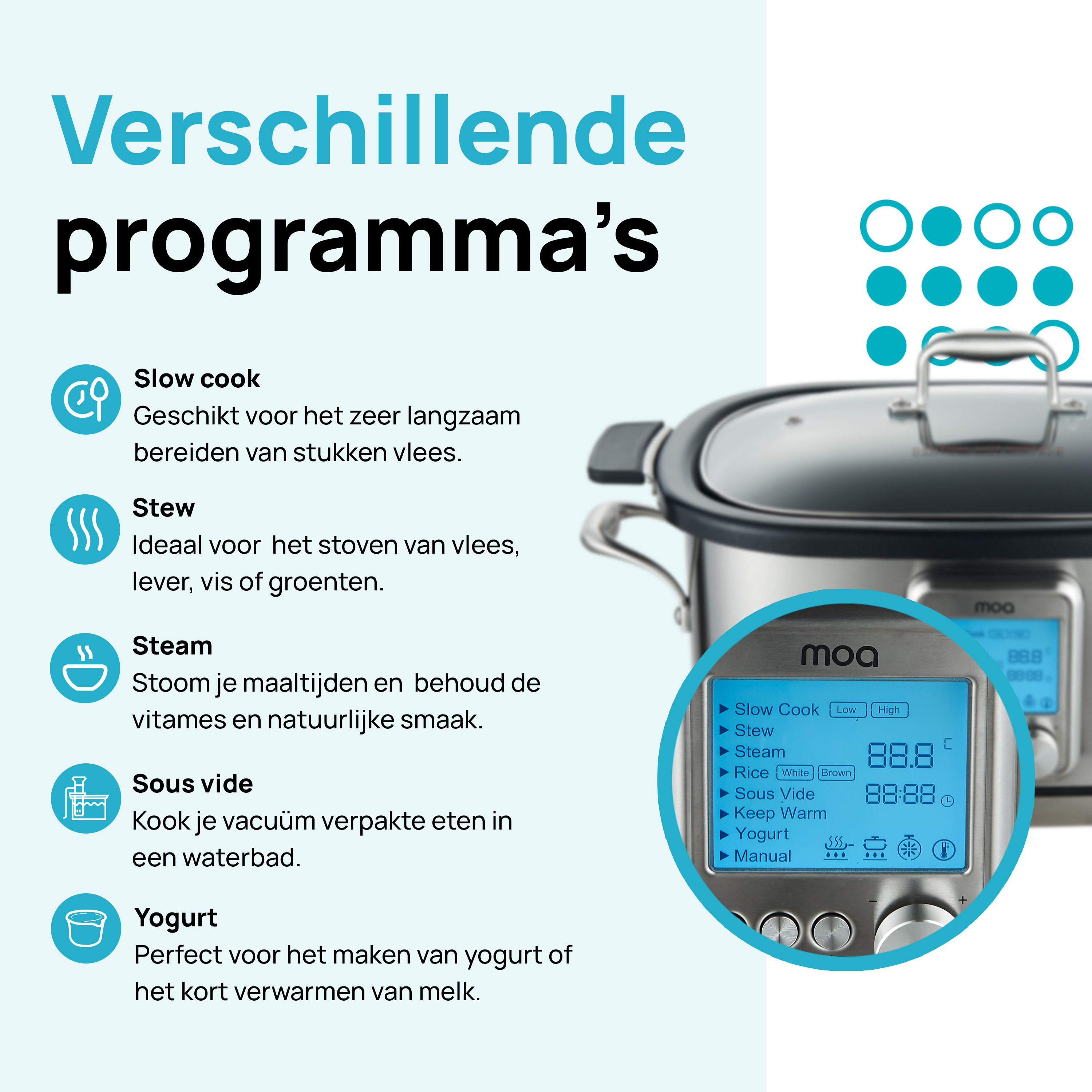 An image of a slow cooker with different cooking options on the screen.