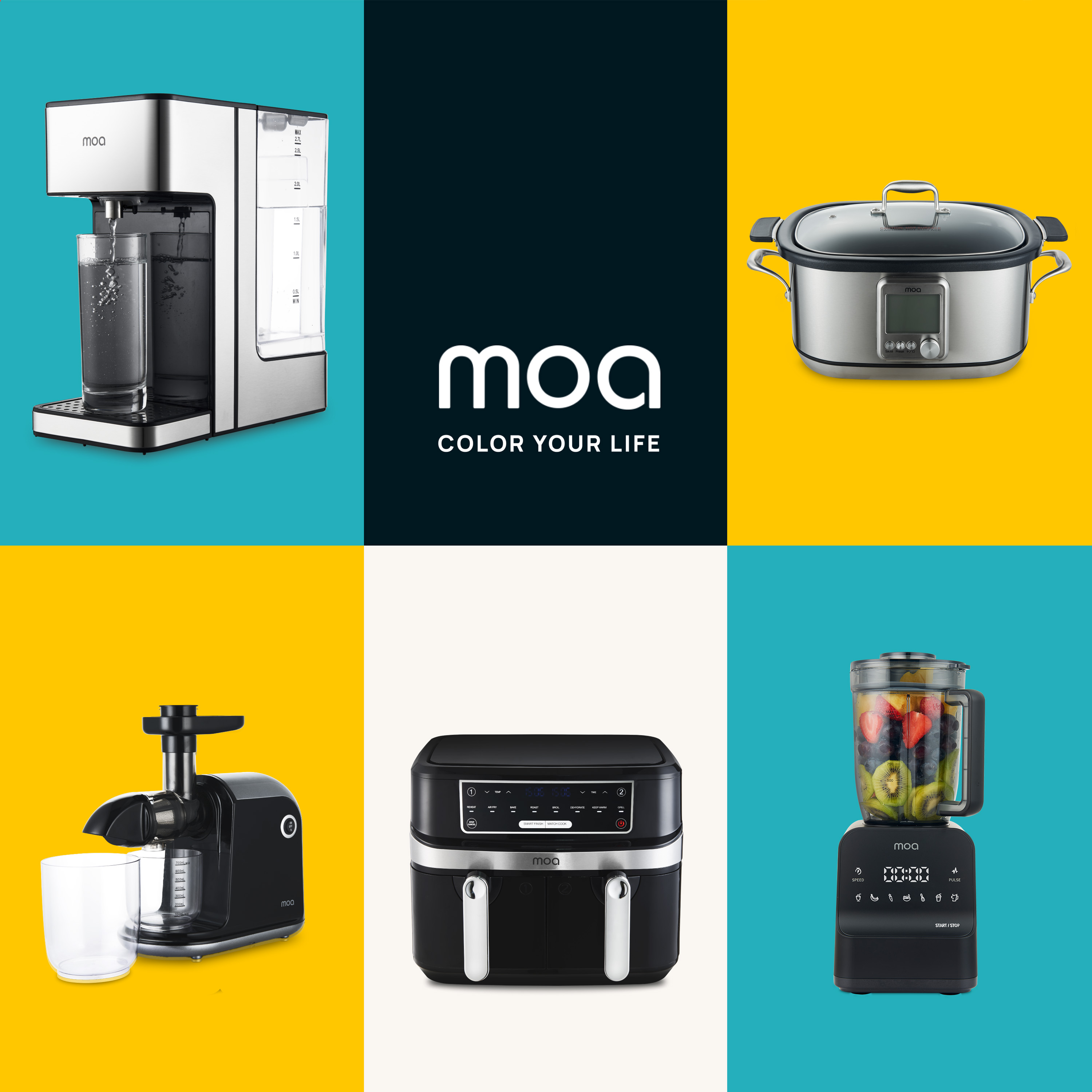 Collection of moa products. Items include juicer, slow cooker, blender, and air fryer.