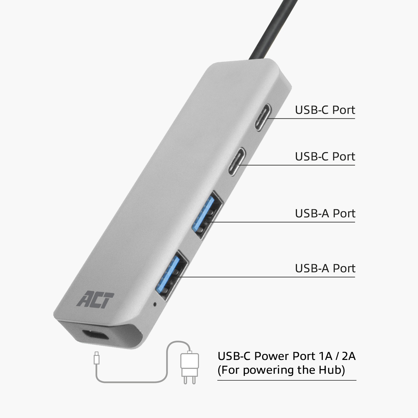 Un hub USB argentato con porte USB-C e USB-A, con un cavo di ricarica collegato.