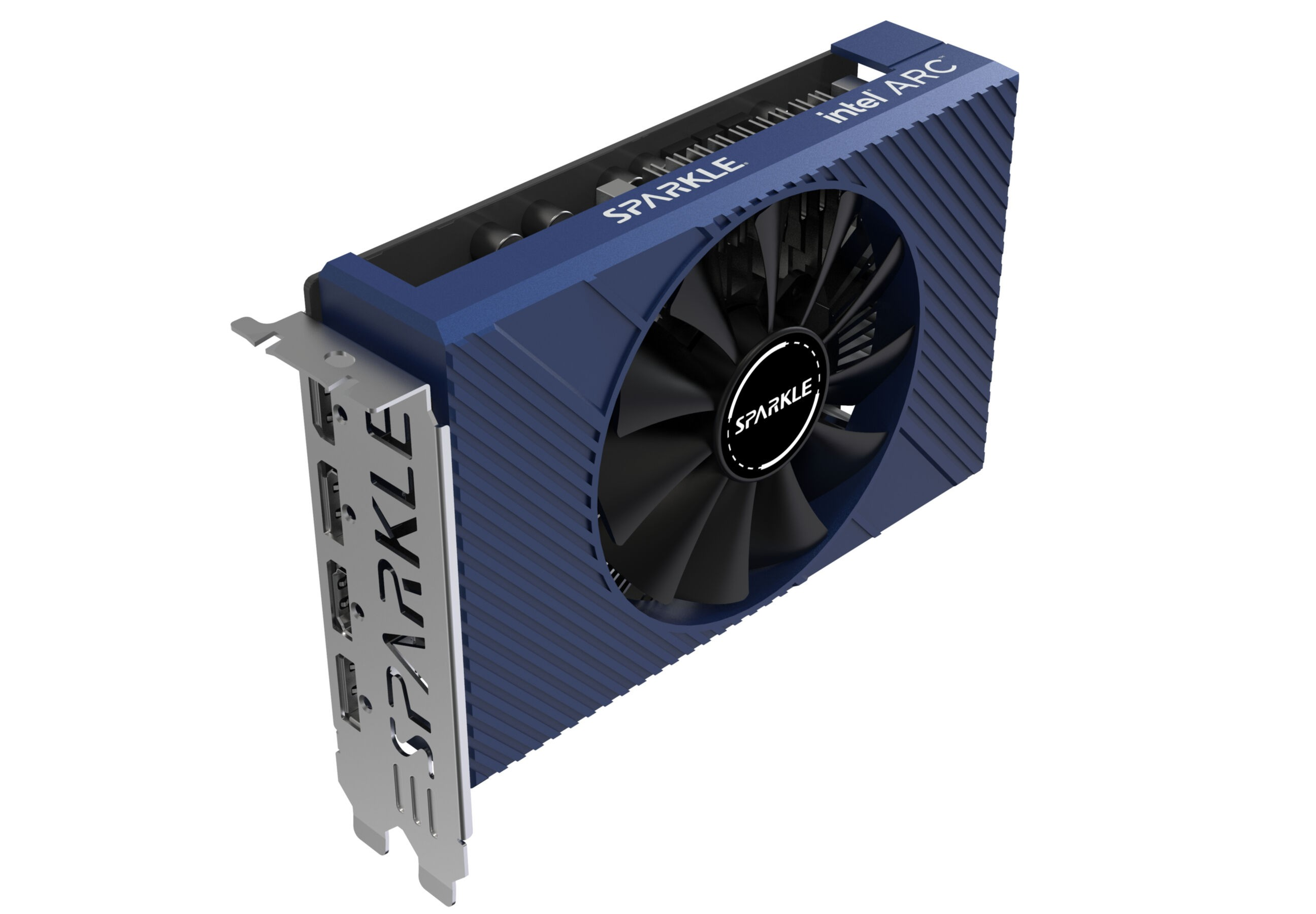 Niebiesko-czarna karta graficzna Sparkle Intel ARC z wentylatorem i widocznym logo Sparkle.