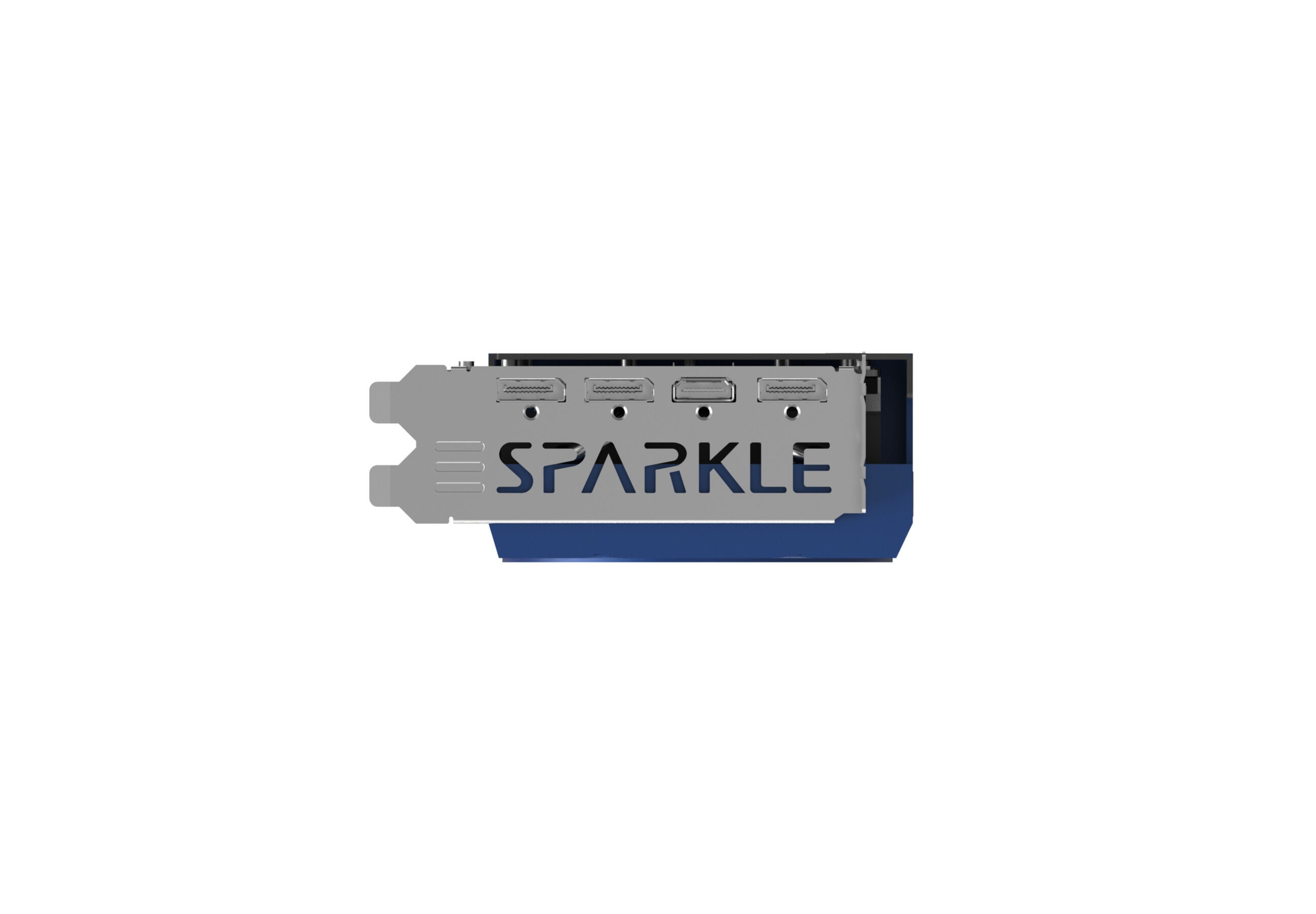 Tarjeta gráfica. Plateada y azul, con la palabra SPARKLE. Cuatro puertos HDMI.