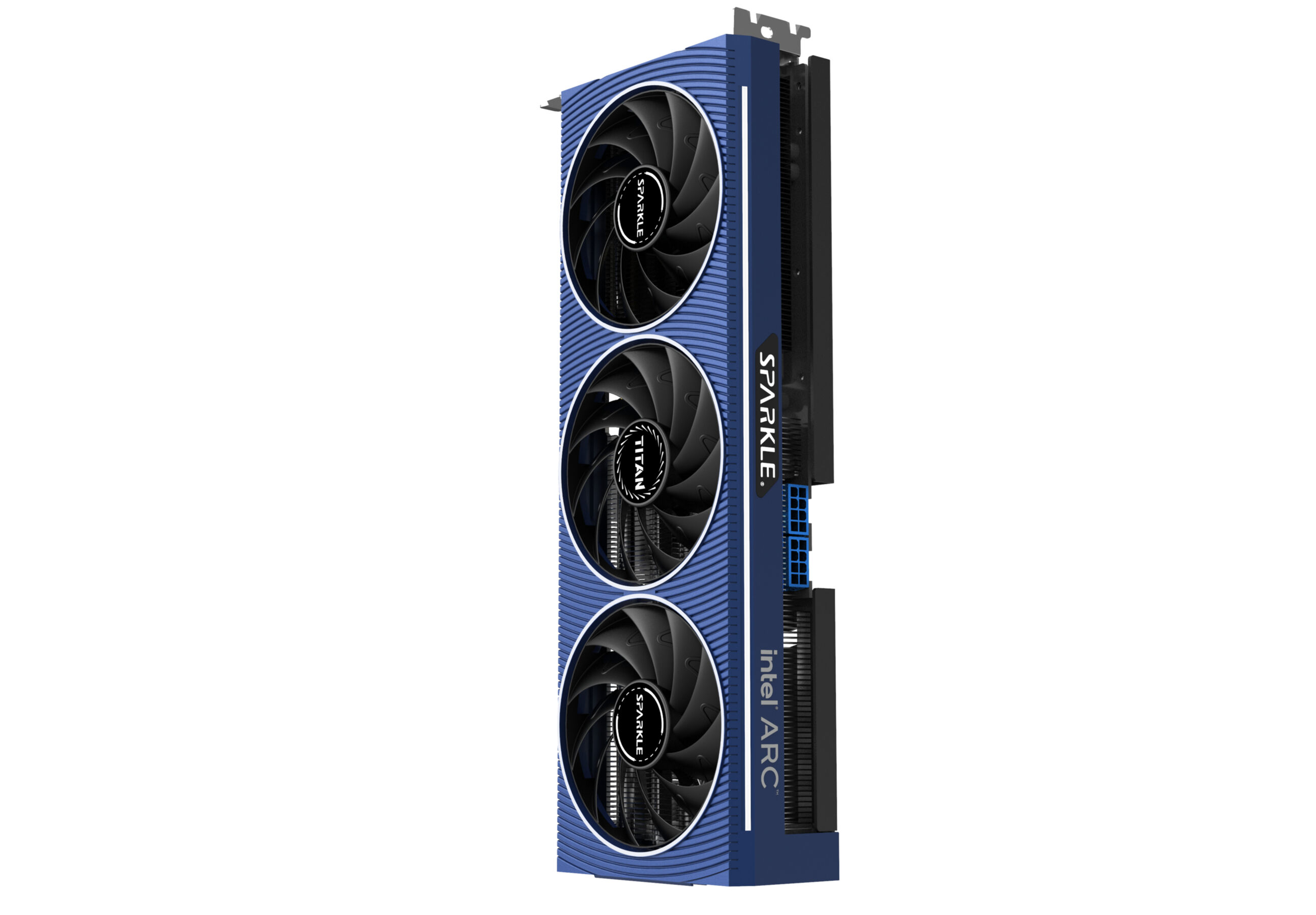Tarjeta gráfica azul y negra con tres ventiladores. La tarjeta tiene los logotipos de Sparkle e Intel ARC.