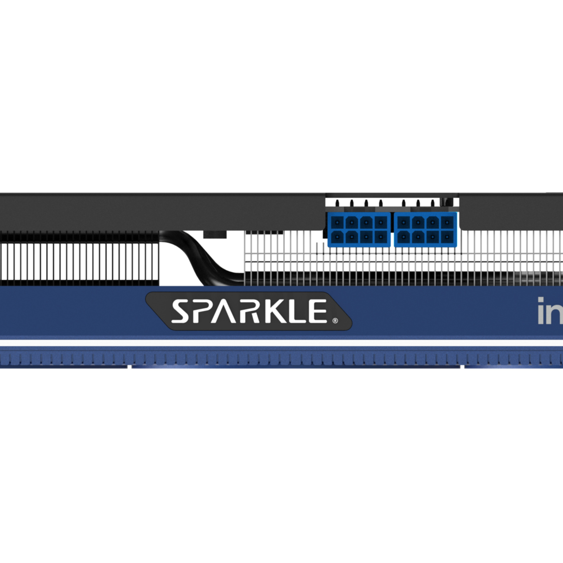 Primer plano de una tarjeta gráfica azul y negra. Tiene el logotipo de Sparkle.