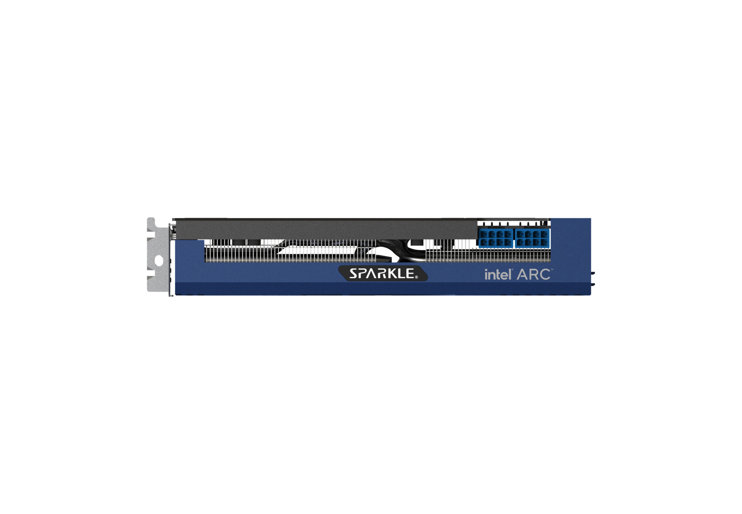 Scheda grafica Sparkle intel ARC blu. La scheda ha una ventola nera e connettori blu.