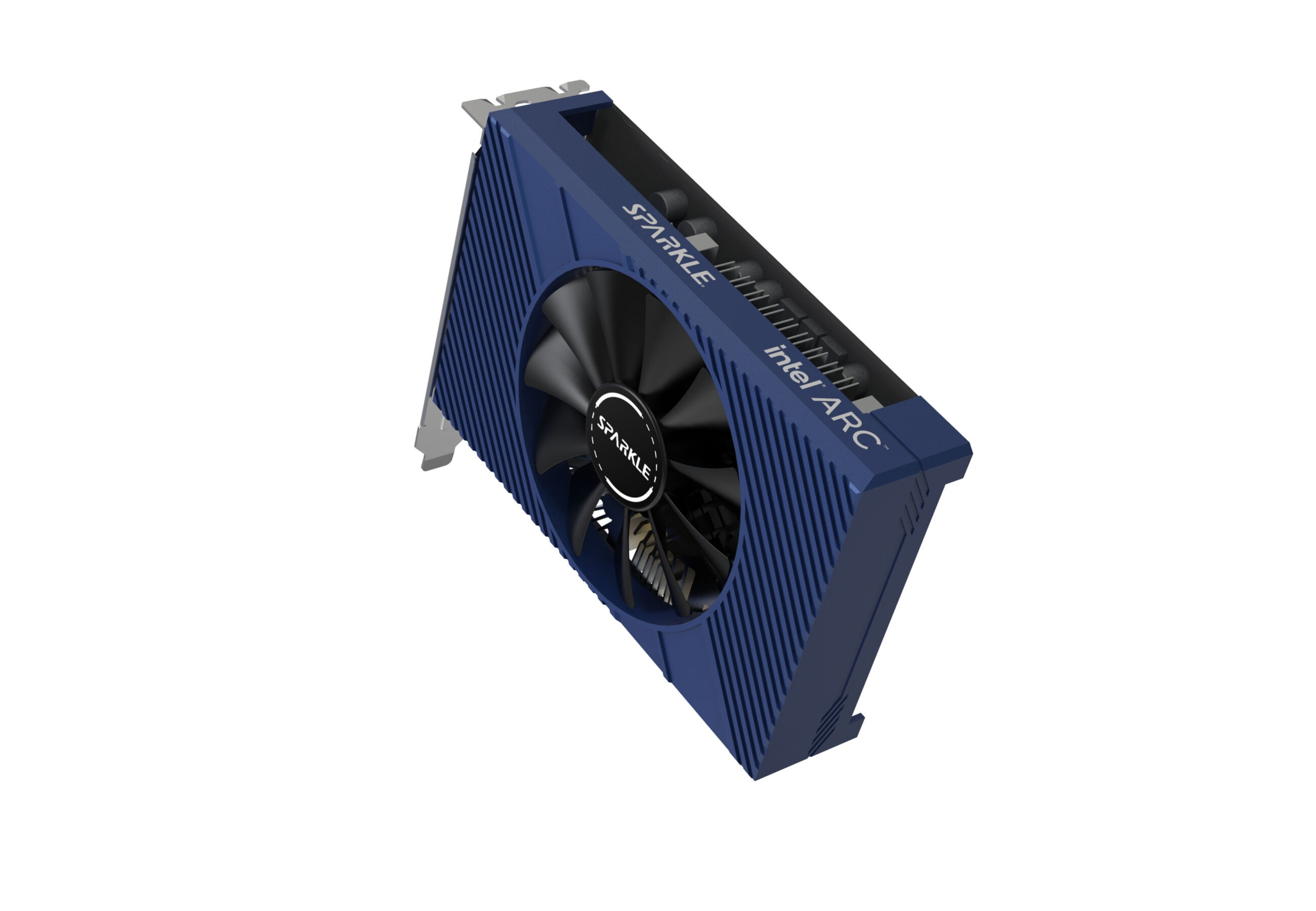 Niebieska i srebrna karta graficzna Sparkle Intel Arc na białym tle. Wentylator czarny. Widok z boku.
