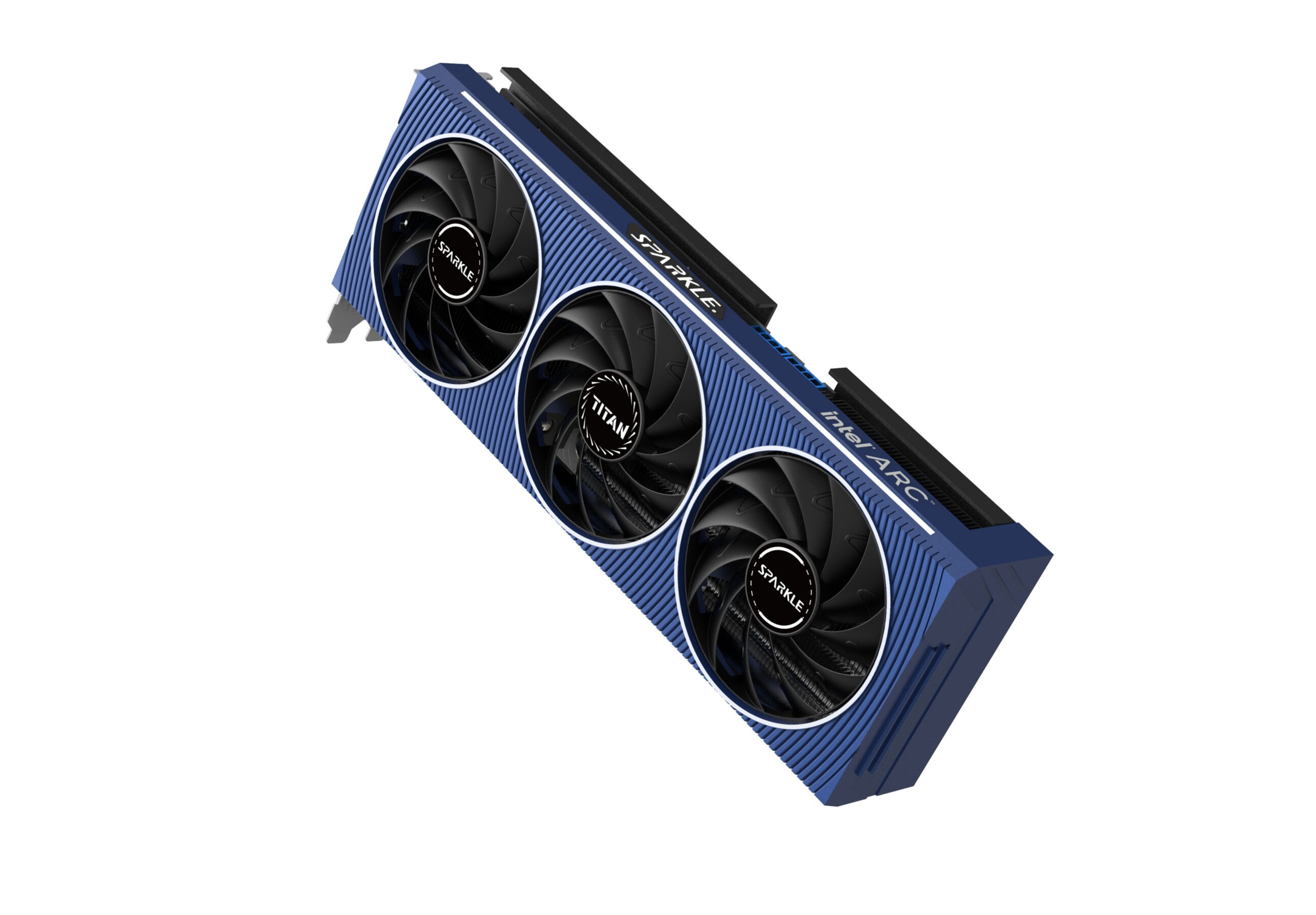 Una tarjeta gráfica de computadora azul y negra con tres ventiladores. 'SPARKLE' e 'intel ARC' son visibles.