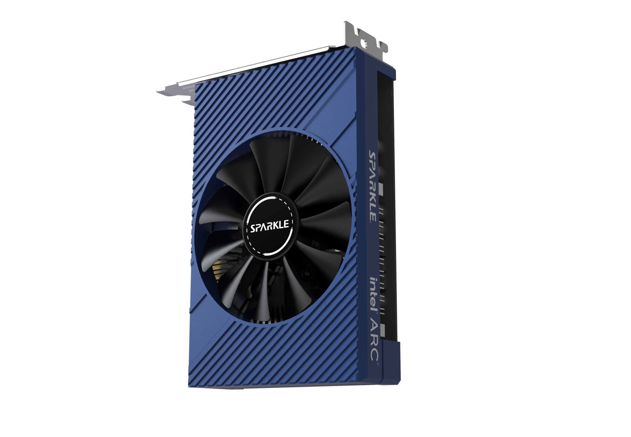 Niebiesko-czarna karta graficzna z wentylatorem i logo Sparkle na białym tle.