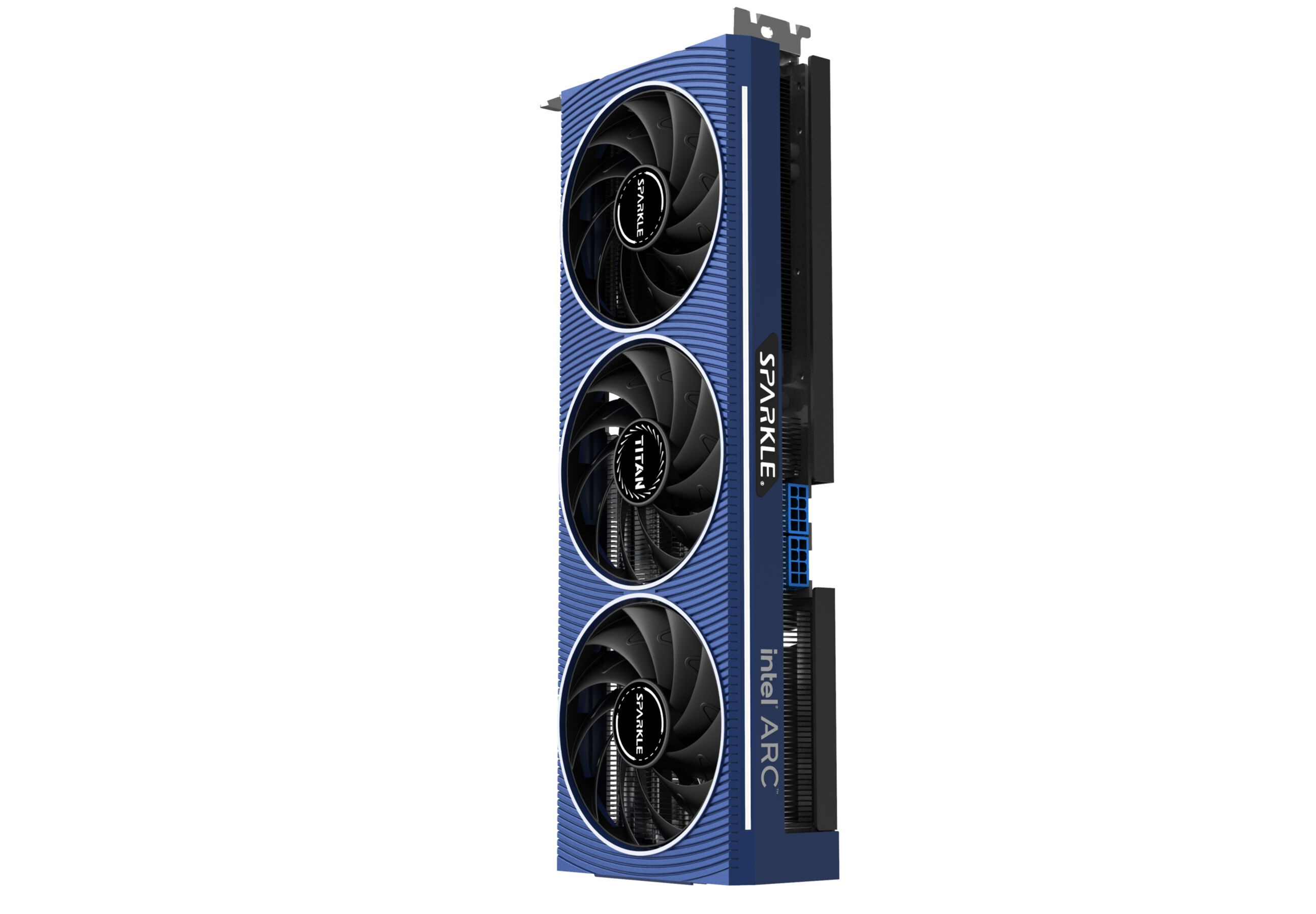 Tarjeta gráfica para computadora azul y negra con tres ventiladores.