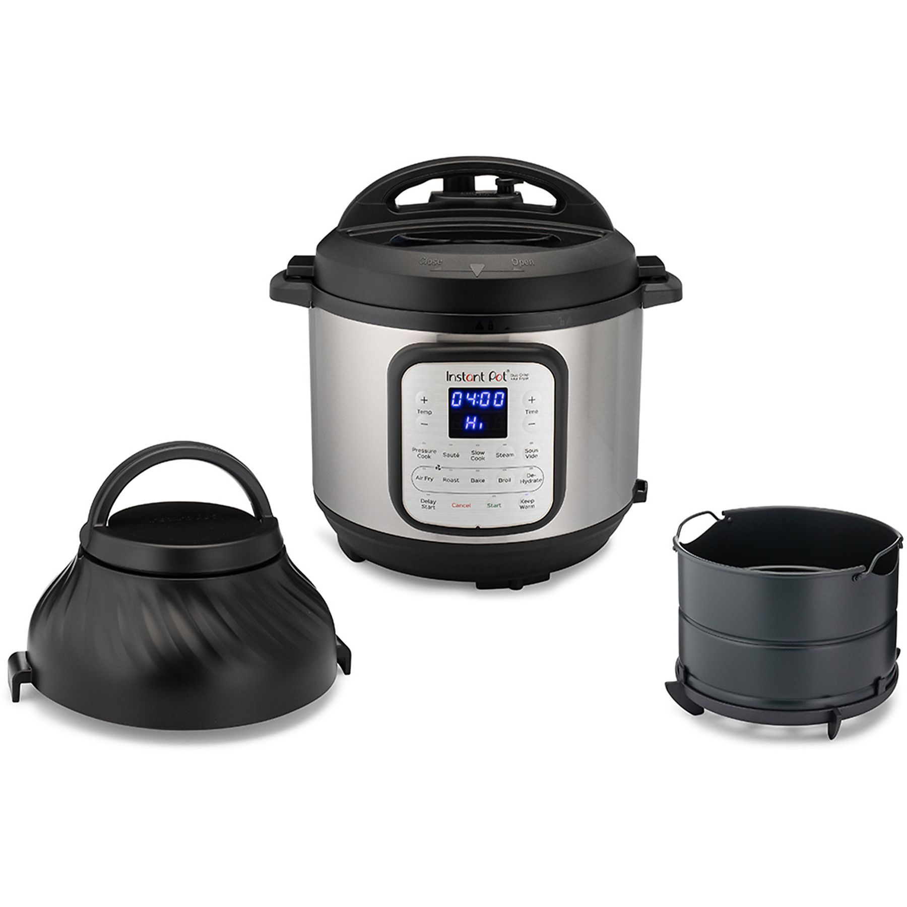 Una Instant Pot argentata con accessori. Include coperchio e cestello per friggitrice ad aria.