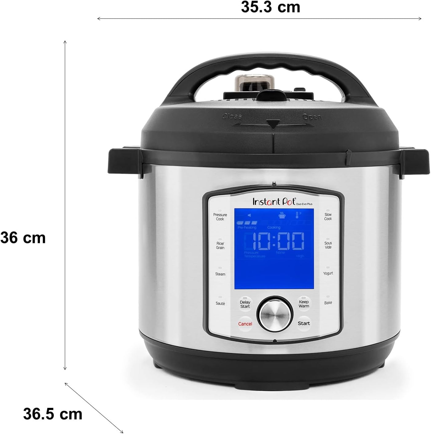 Instant Pot argento e nero con dimensioni.