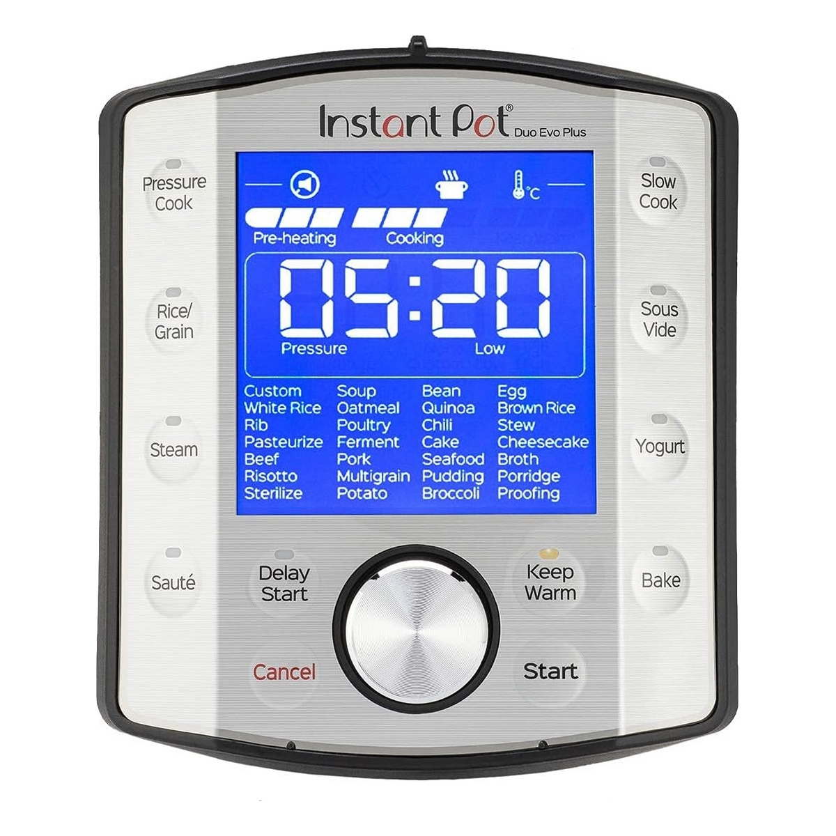 Instant Pot Duo Evo Plus con display blu che mostra 05:20. Sono elencate molte opzioni di cottura.