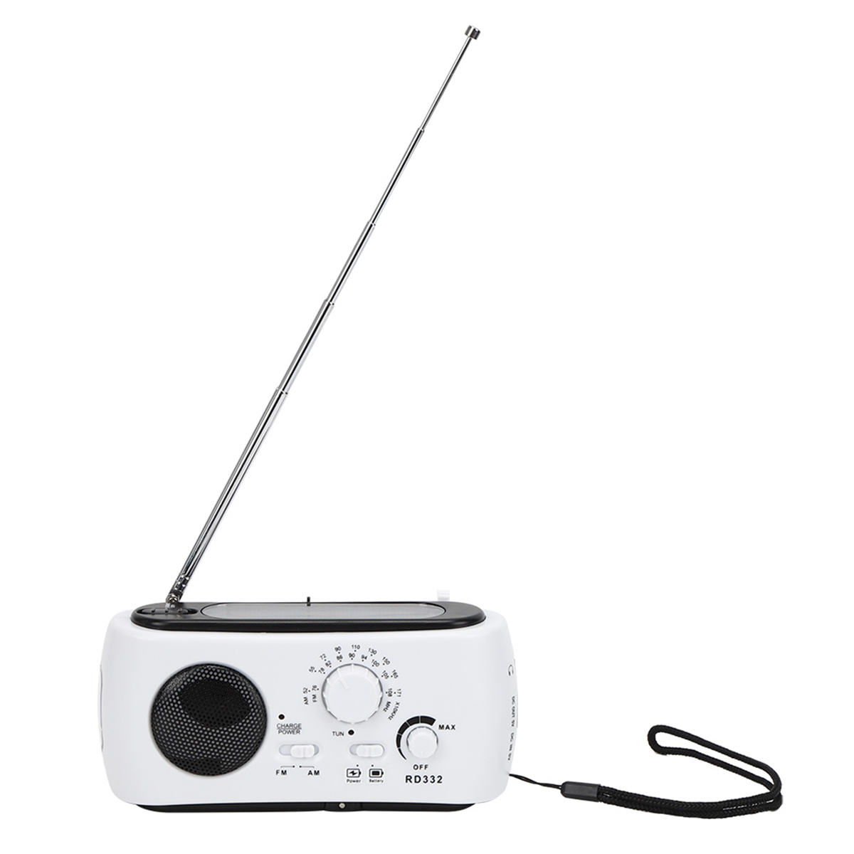 Weißes tragbares Radio mit schwarzem Lautsprecher, Abstimmrad, Antenne und Handschlaufe.