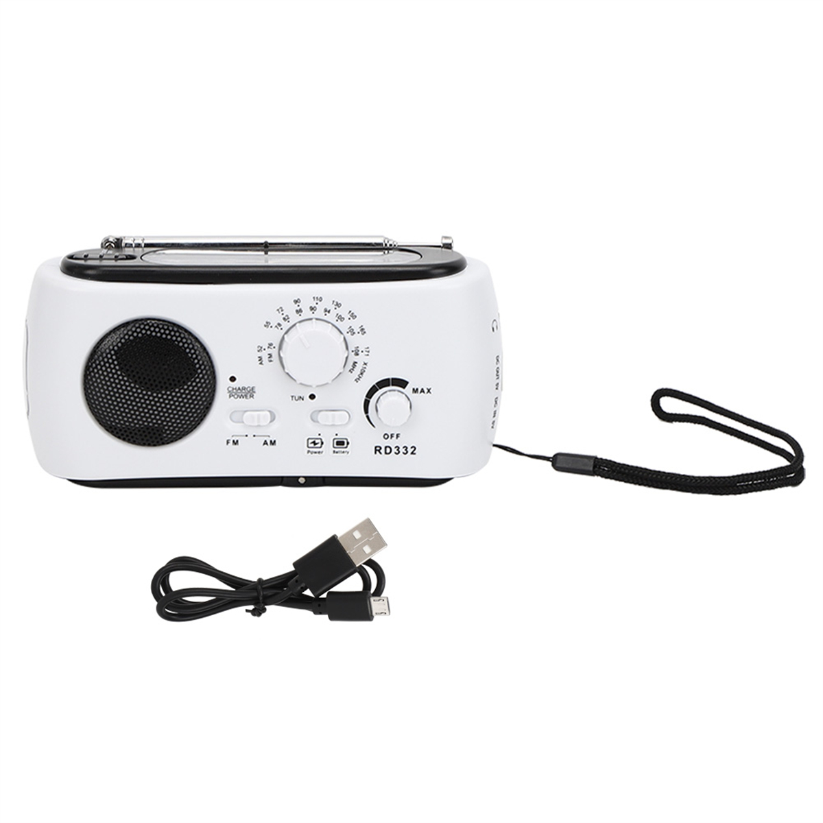 Ein weißes und schwarzes Radio mit einem USB-Kabel und einem schwarzen Kabel auf weißem Hintergrund.