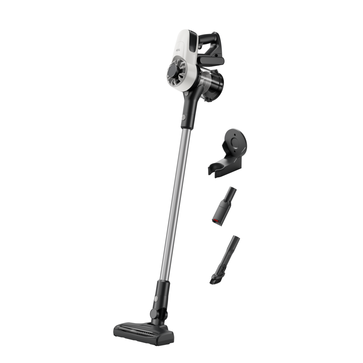 Una aspiradora inalámbrica en blanco y negro, con accesorios mostrados, sobre un fondo negro.