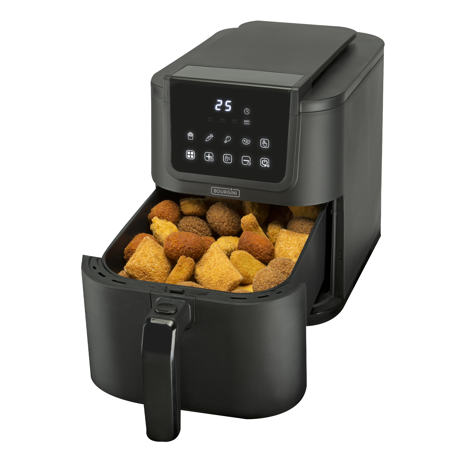 Czarna frytkownica powietrzna z otwartą szufladą, pełna smażonego jedzenia. Wyświetlacz pokazuje 25. Urządzenie na białym tle.