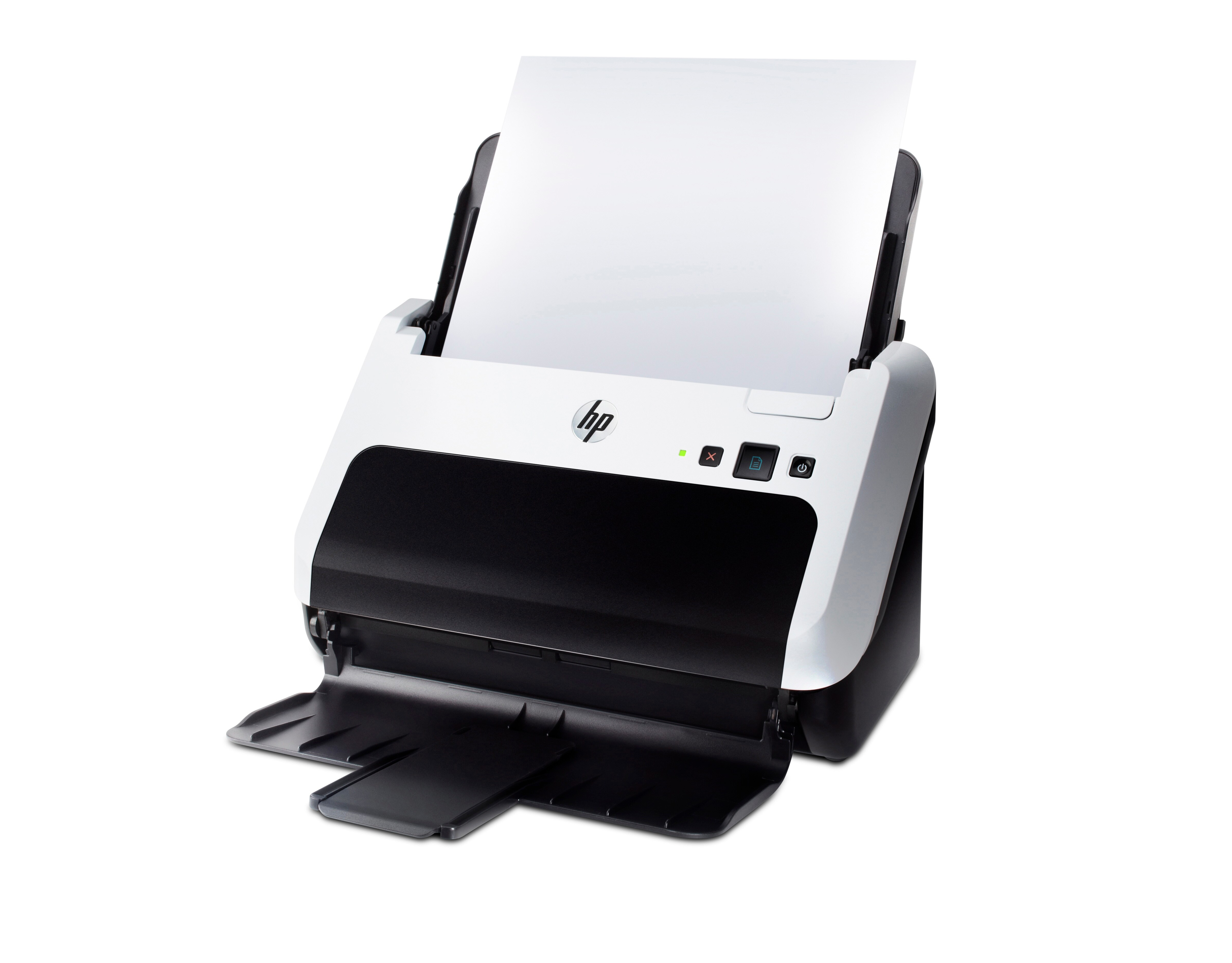 Ein weißer und schwarzer HP-Scanner mit Papier.
