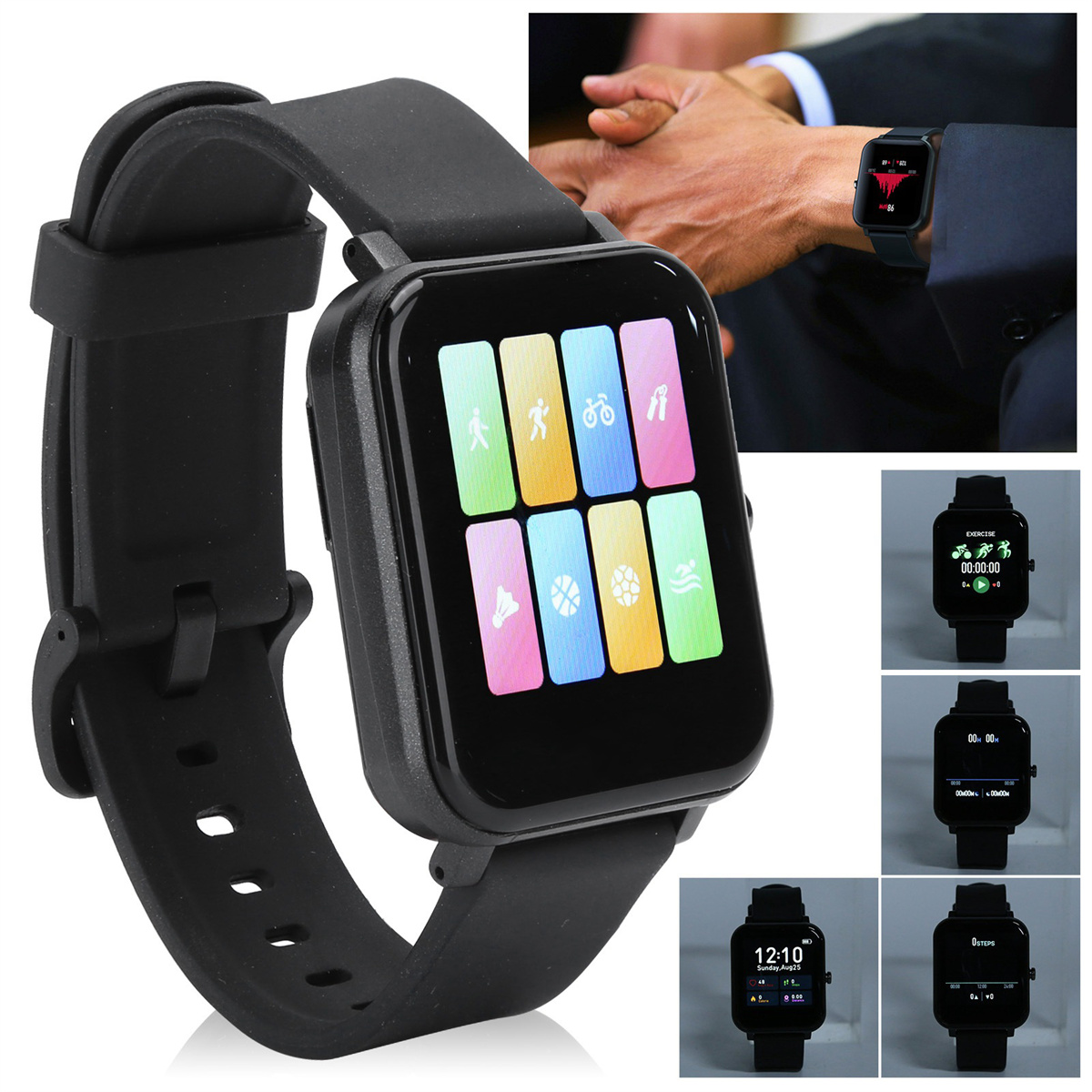 Eine schwarze Smartwatch mit verschiedenen Symbolen. Andere Bilder zeigen die Uhr am Handgelenk und verschiedene Bildschirme.