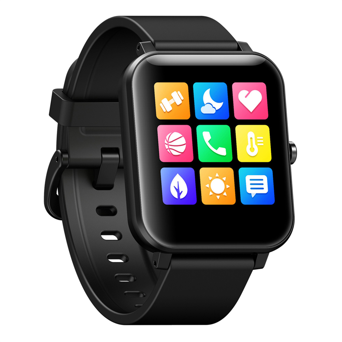 Schwarze Smartwatch mit quadratischem Zifferblatt. Zeigt Symbole für Funktionen wie Sport, Herz.