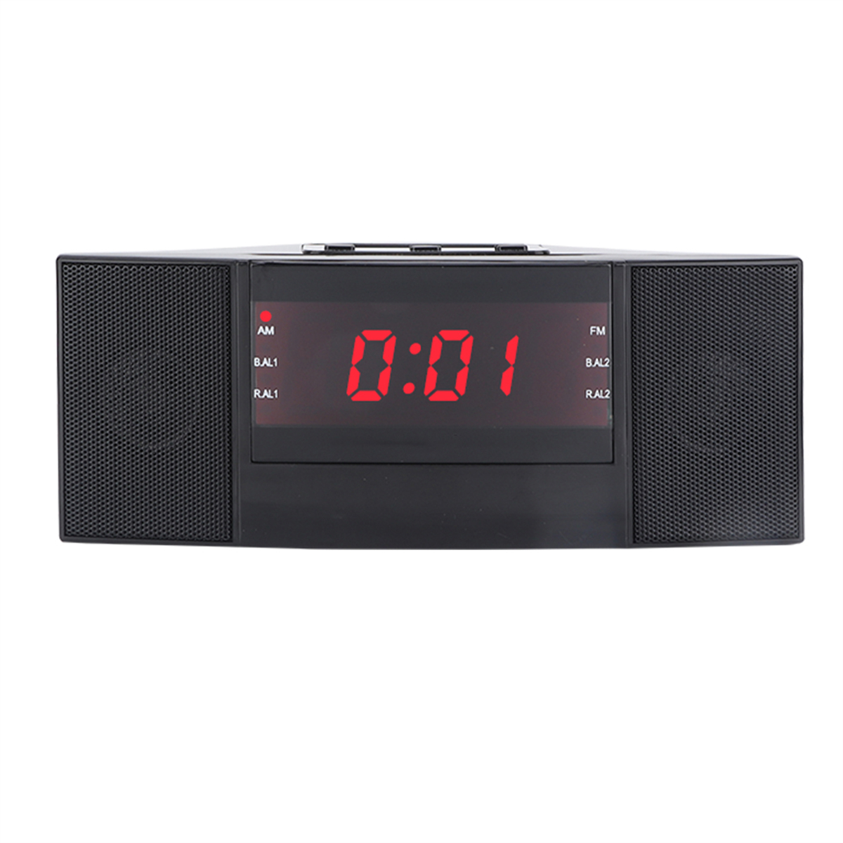 Schwarzer digitaler Wecker mit roten Ziffern, die 0:01 anzeigen. Enthält AM/FM-Radioeinstellungen.