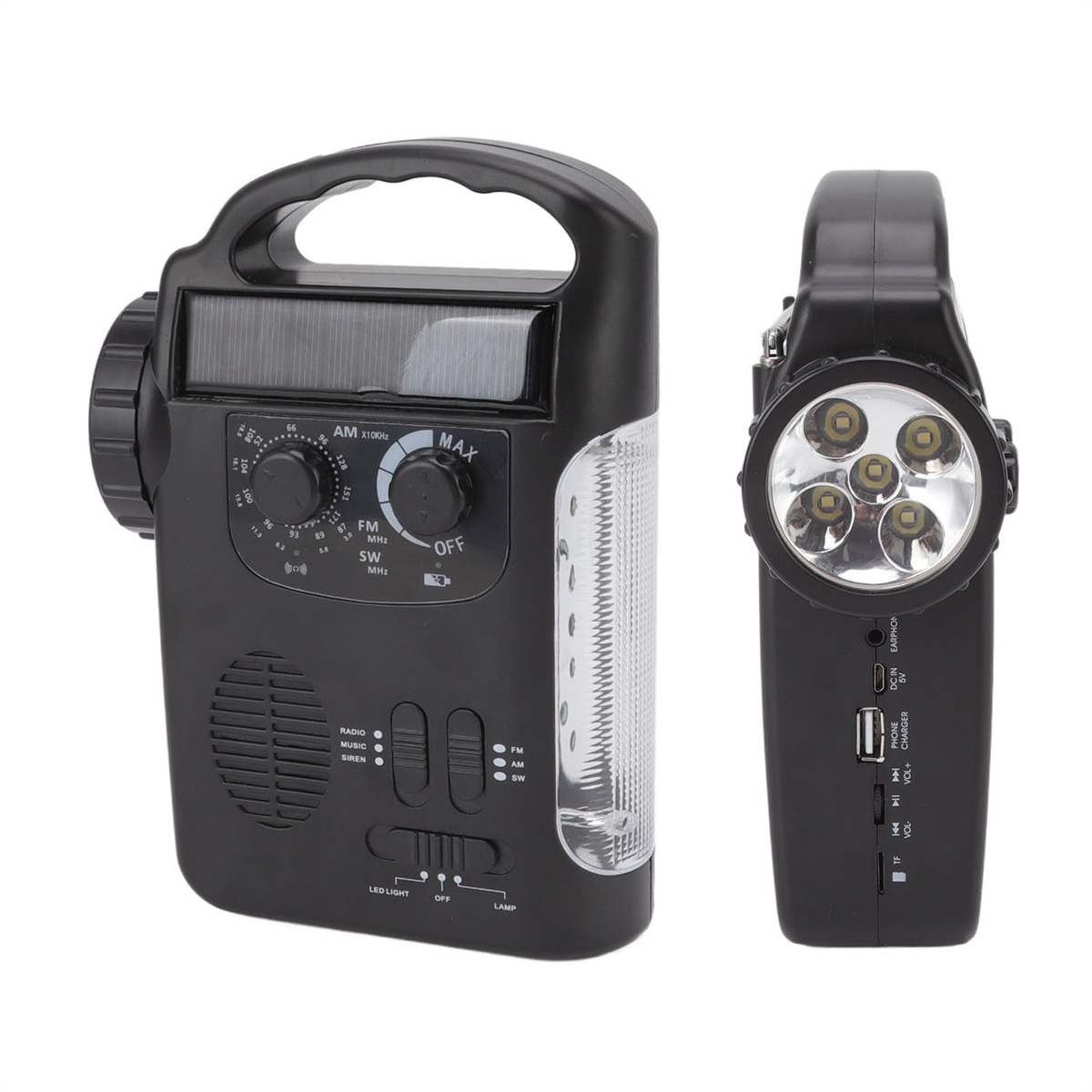 Ein schwarzes solarbetriebenes Radio- und Taschenlampen-Kombi mit Griff und Taschenlampe an der Seite.